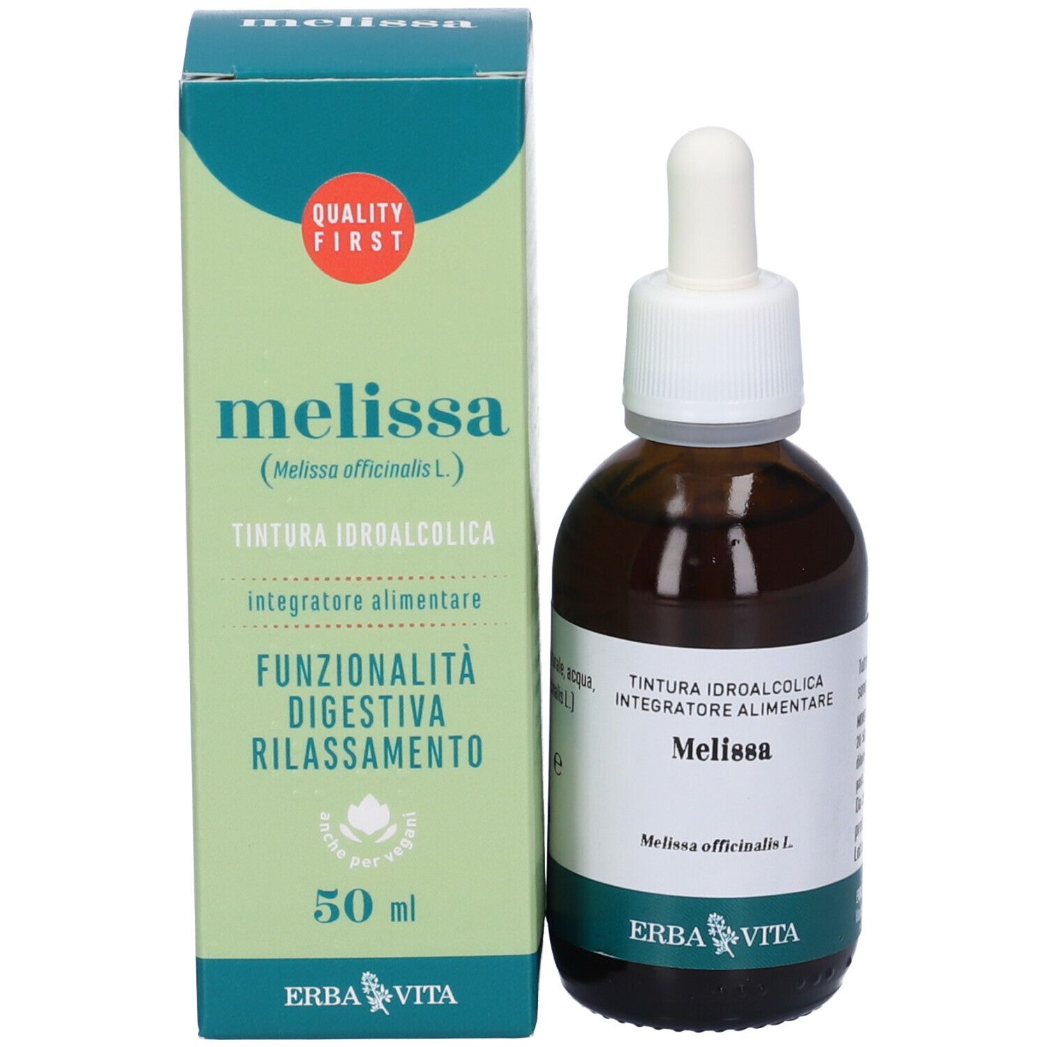 Flacone del prodotto accanto alla confezione verde. Confezione con nome del prodotto, ingredienti e logo. Flacone con contagocce.