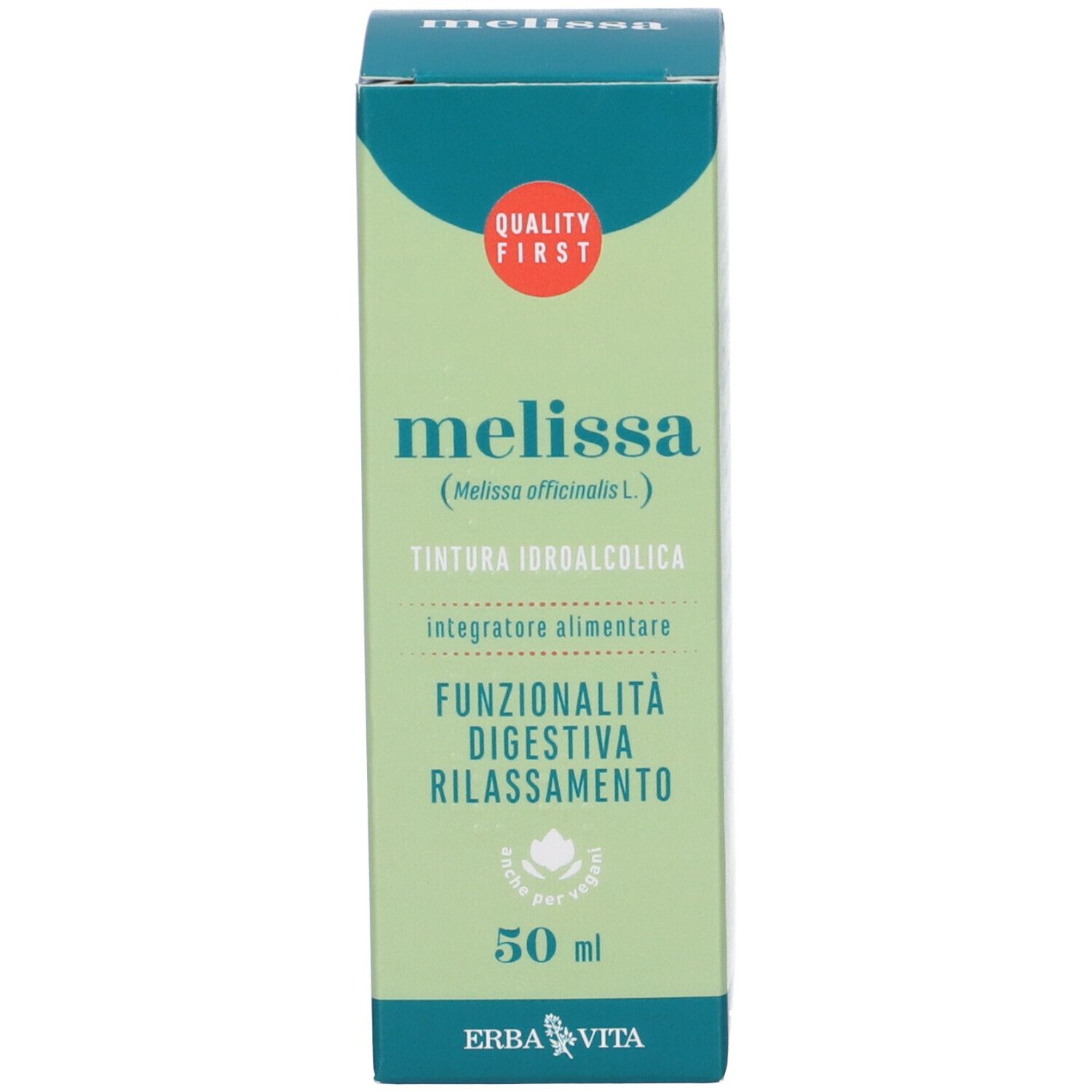 Confezione verde con nome del prodotto, ingredienti e logo. Cerchio rosso in alto con testo.