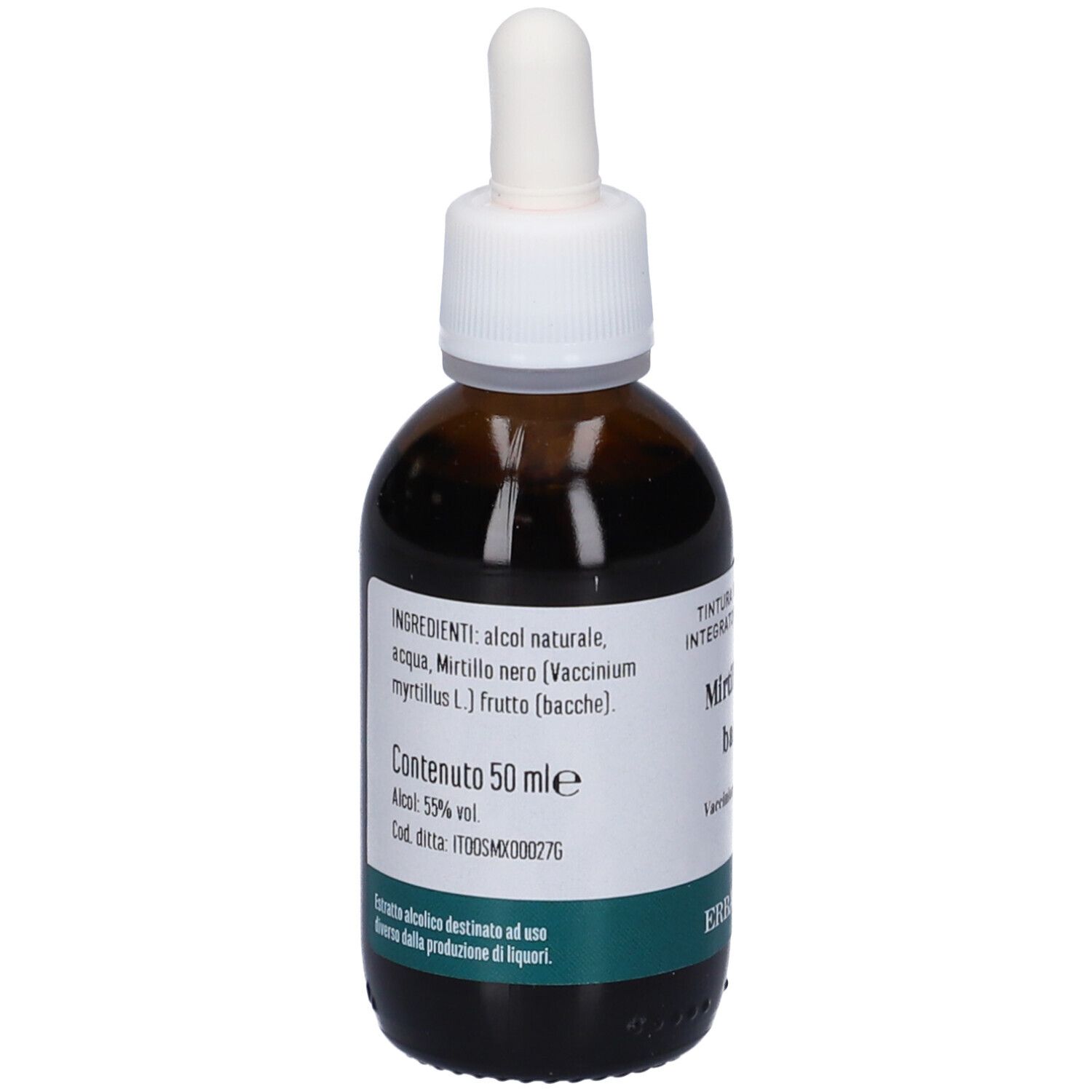 Flacone di vetro marrone con tappo bianco e contagocce. Etichetta con ingredienti e volume. Marca: Erba Vita.