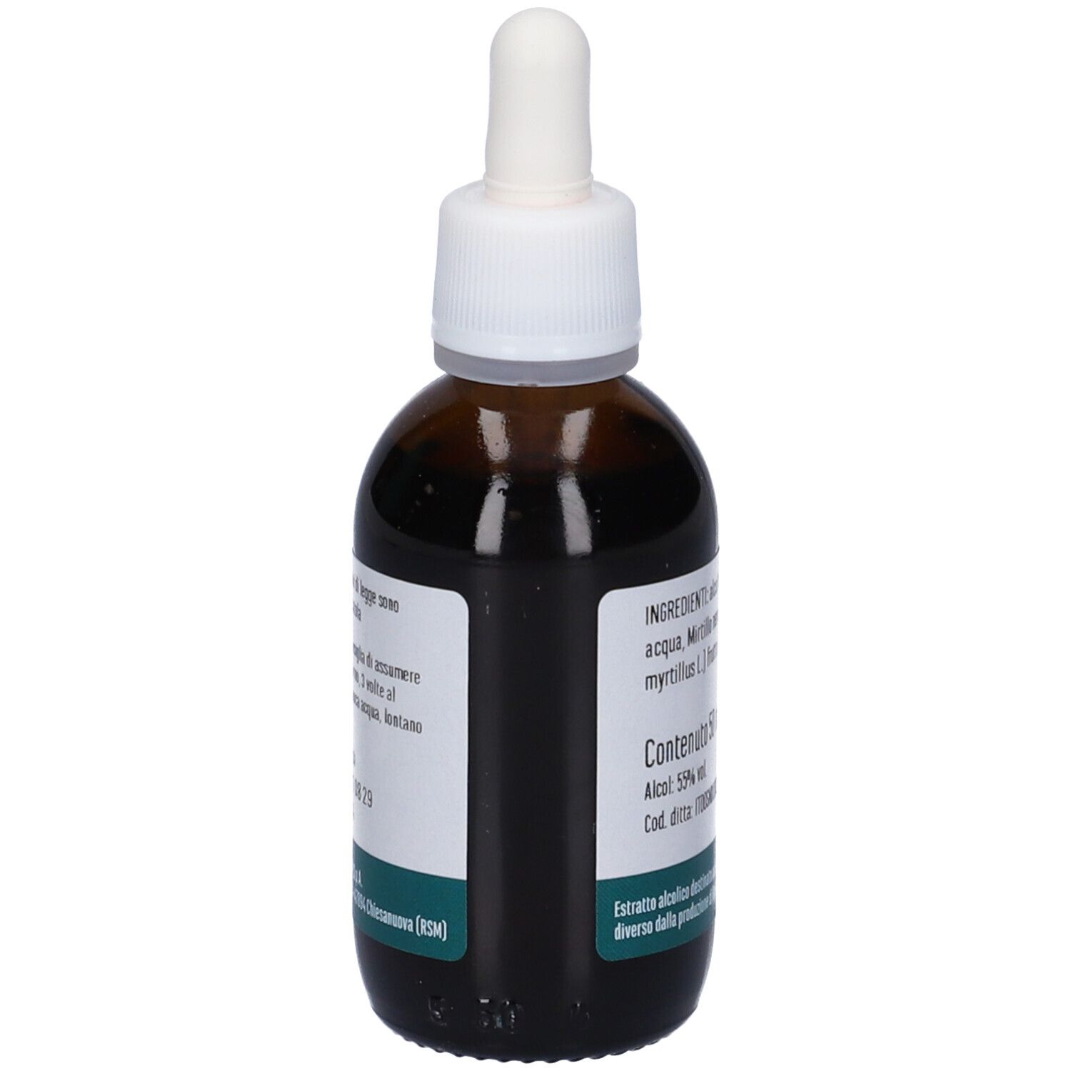 Flacone di vetro marrone con tappo bianco e contagocce. Etichetta con informazioni sul prodotto. Marca: Erba Vita.