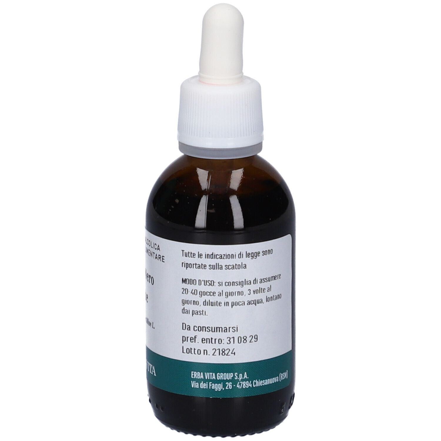 Flacone di vetro marrone con tappo bianco e contagocce. Etichetta con istruzioni per l'uso. Marca: Erba Vita.