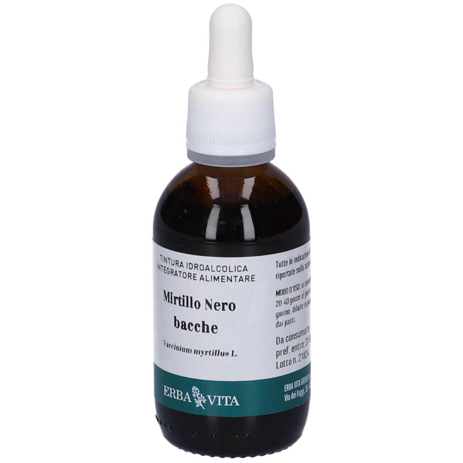 Flacone di vetro marrone con tappo bianco e contagocce. Etichetta con informazioni sul prodotto. Marca: Erba Vita.