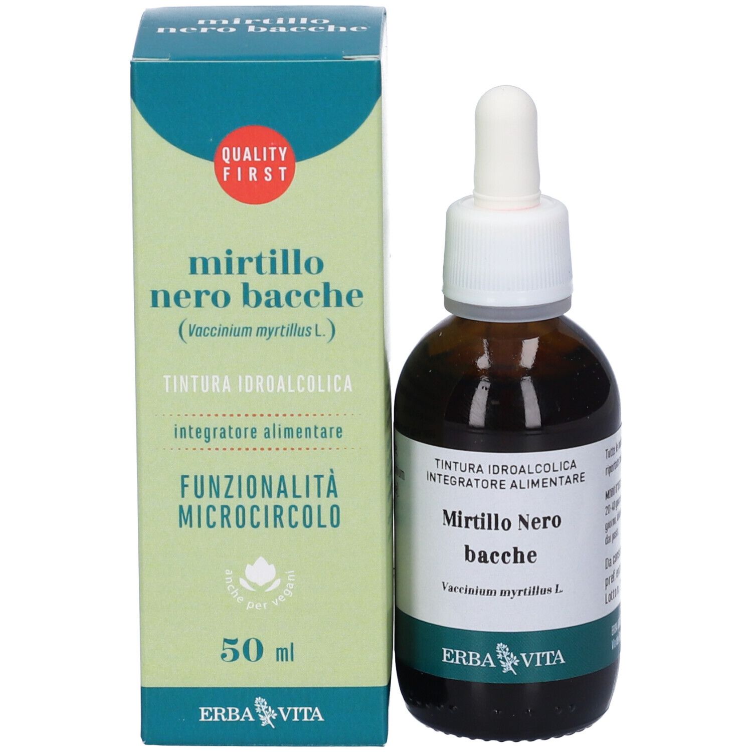 Flacone e confezione del prodotto. Flacone con contagocce, confezione con nome del prodotto e logo. Marca: Erba Vita.