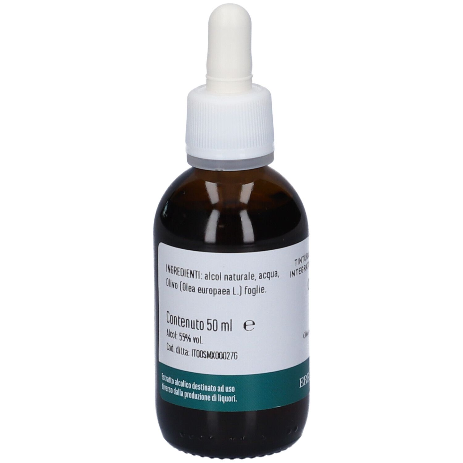 Flacone di vetro marrone con tappo bianco e contagocce. Etichetta con ingredienti e fascia verde. 50 ml.