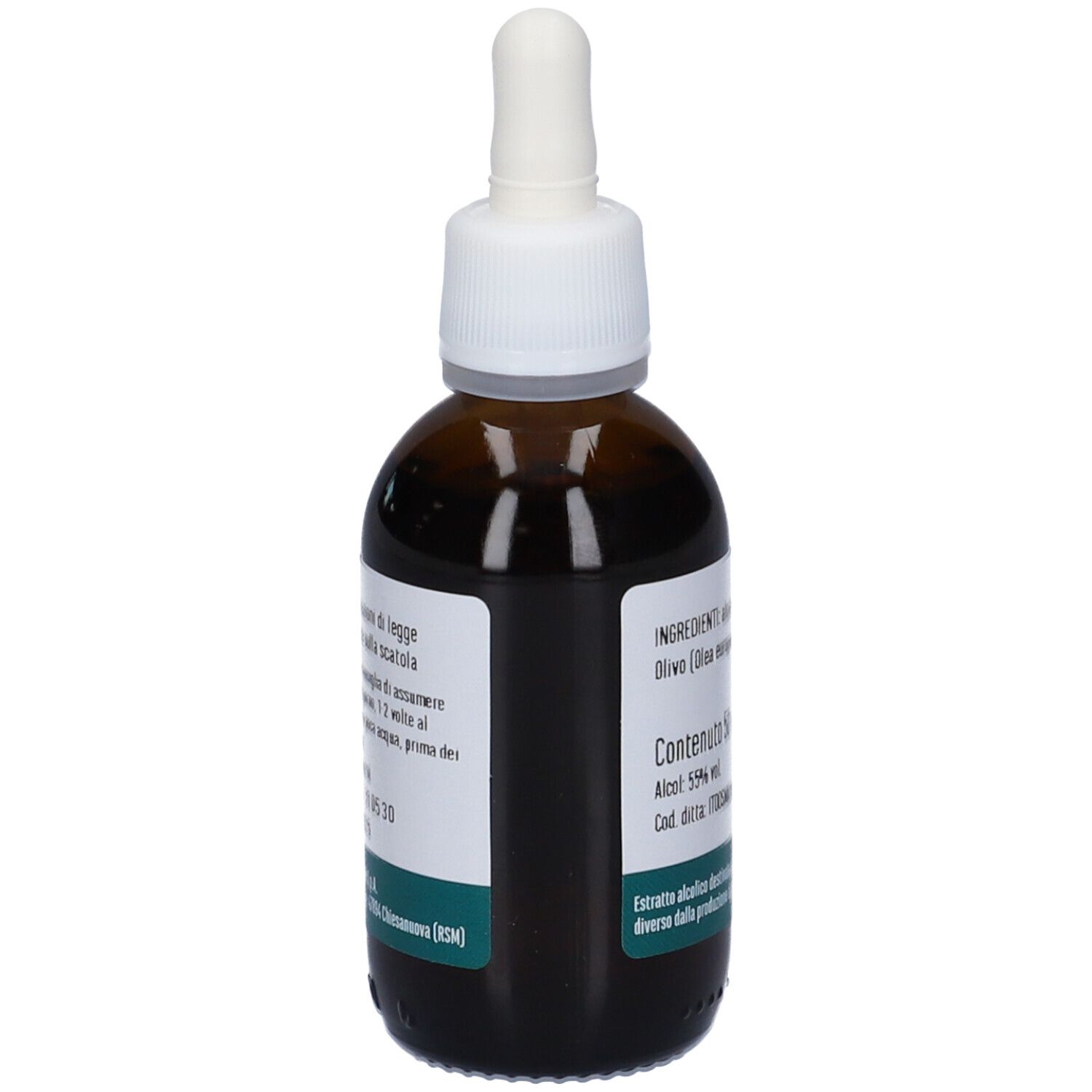 Flacone di vetro marrone con tappo bianco e contagocce. Etichetta con ingredienti e fascia verde. 50 ml.