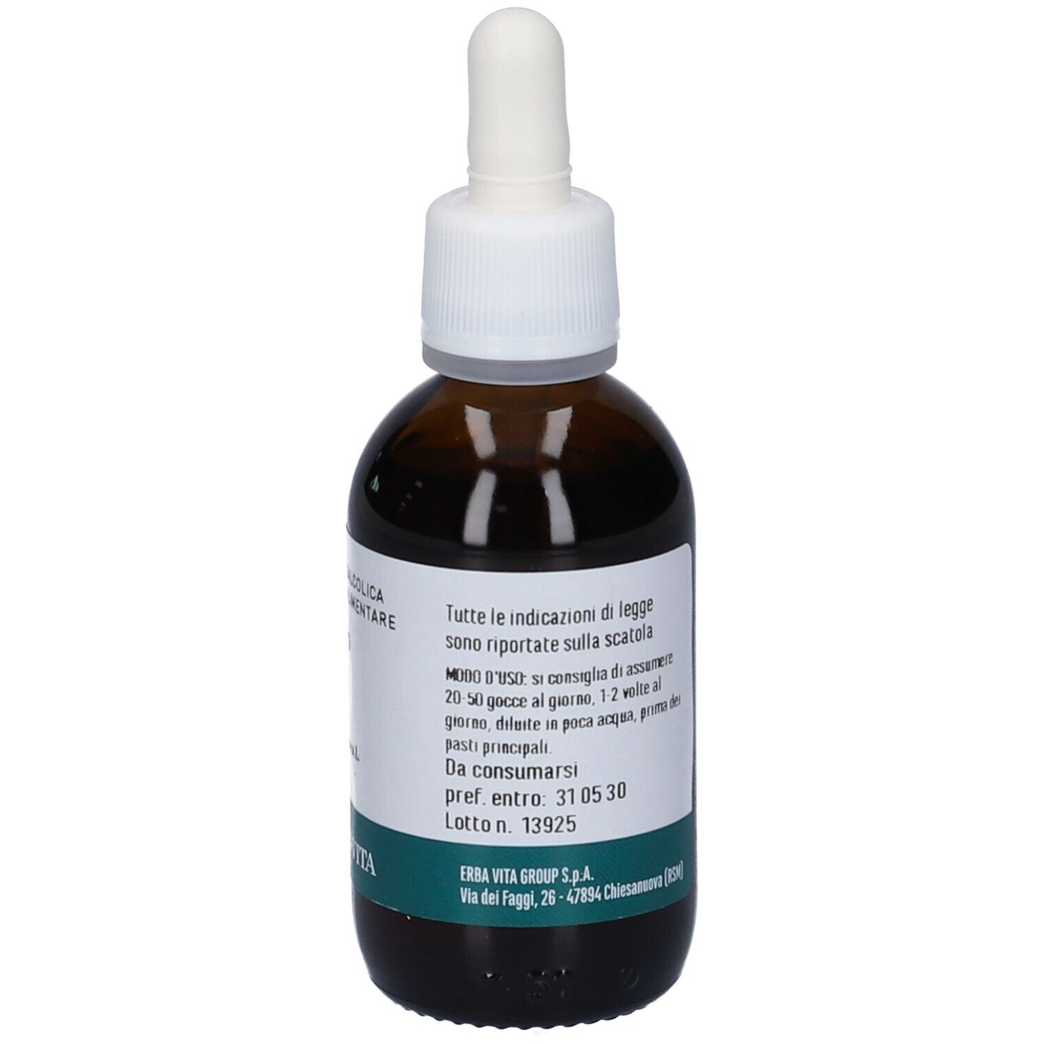 Flacone di vetro marrone con tappo bianco e contagocce. Etichetta con istruzioni e fascia verde. 50 ml.