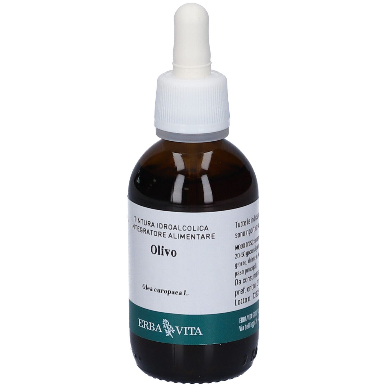 Flacone di vetro marrone con tappo bianco e contagocce. Etichetta con nome del prodotto e fascia verde. Marca: Erba Vita.