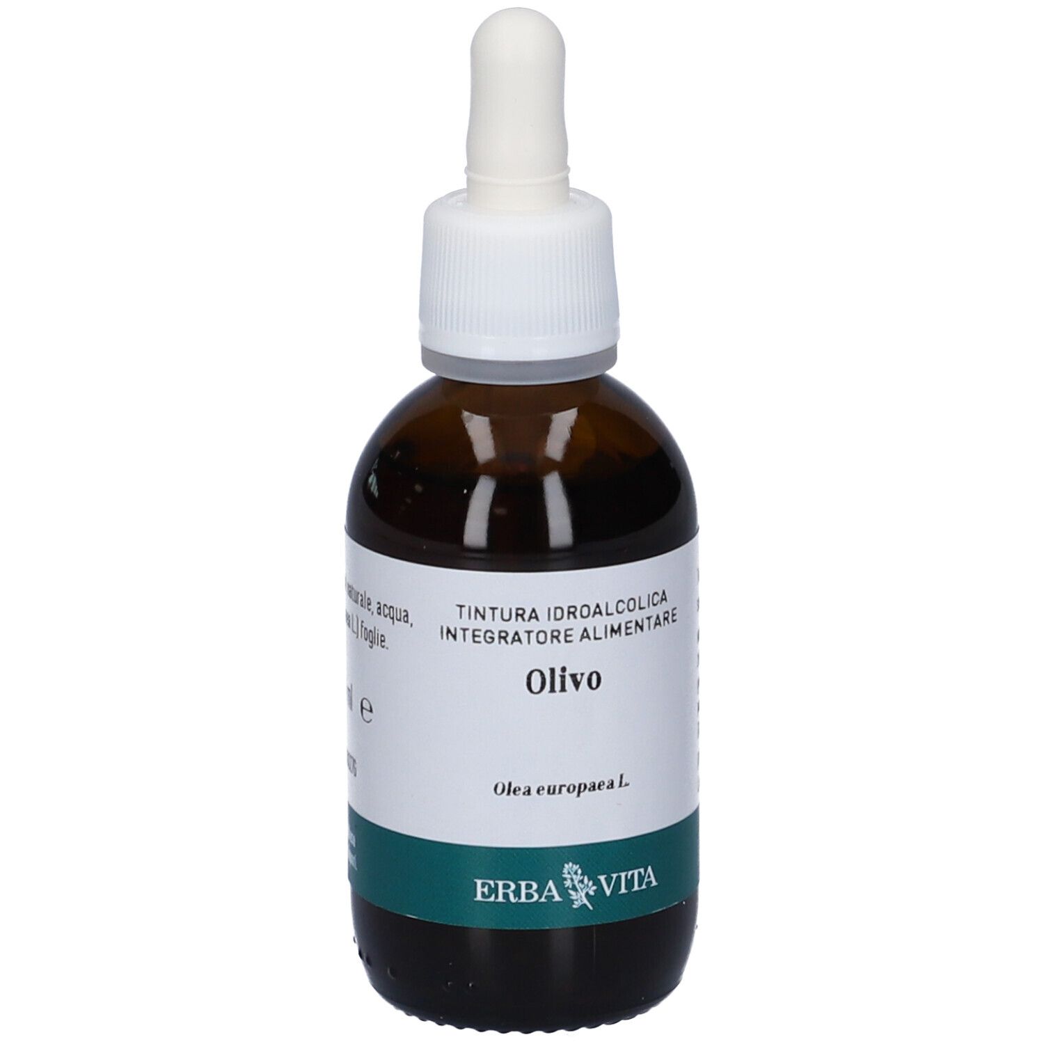 Flacone di vetro marrone con tappo bianco e contagocce. Etichetta con nome del prodotto e fascia verde. Marca: Erba Vita.
