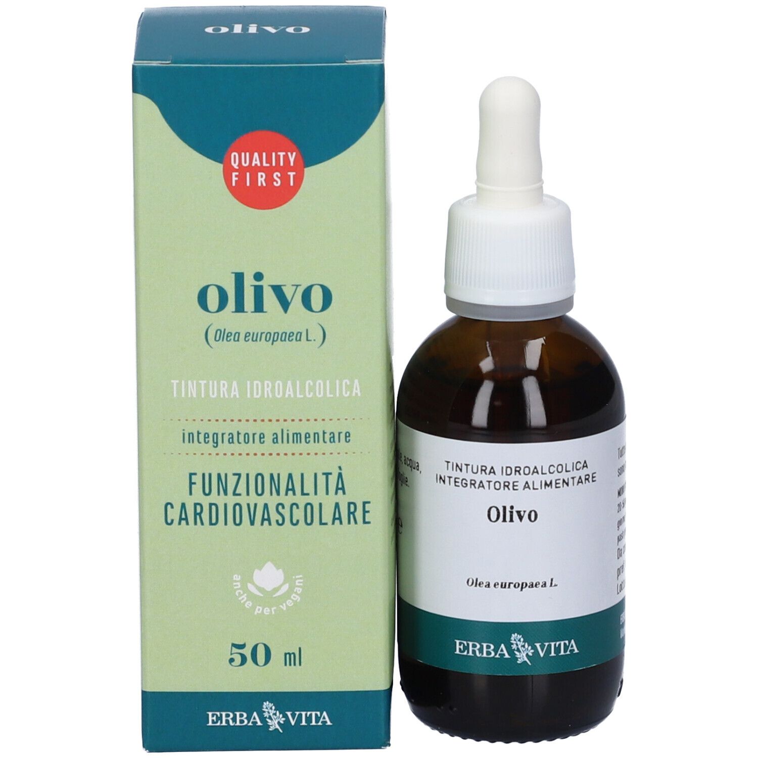 Flacone di vetro marrone con tappo bianco e contagocce accanto a una scatola verde. Scatola con testo e logo.