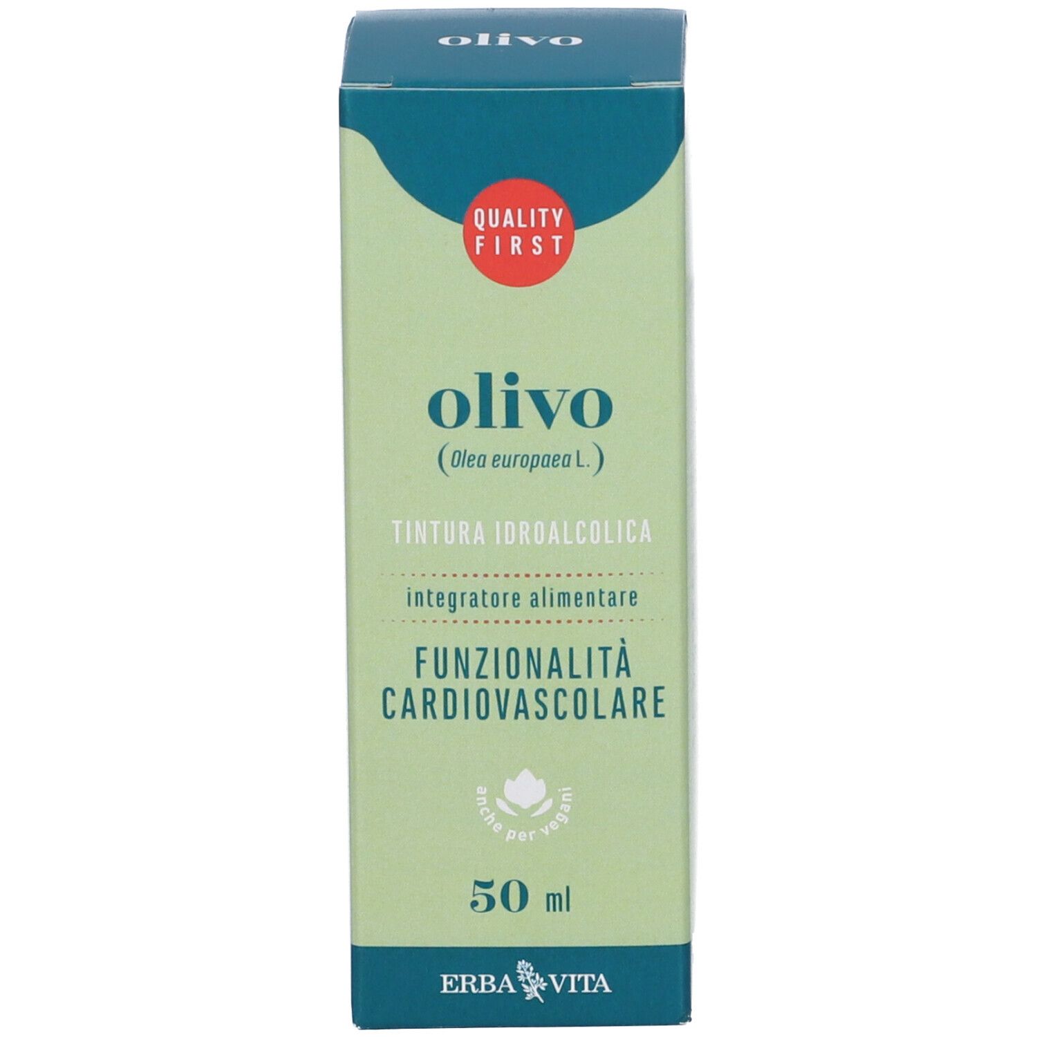 Scatola verde con testo e logo. Logo rosso in alto. 50 ml. Marca: Erba Vita.