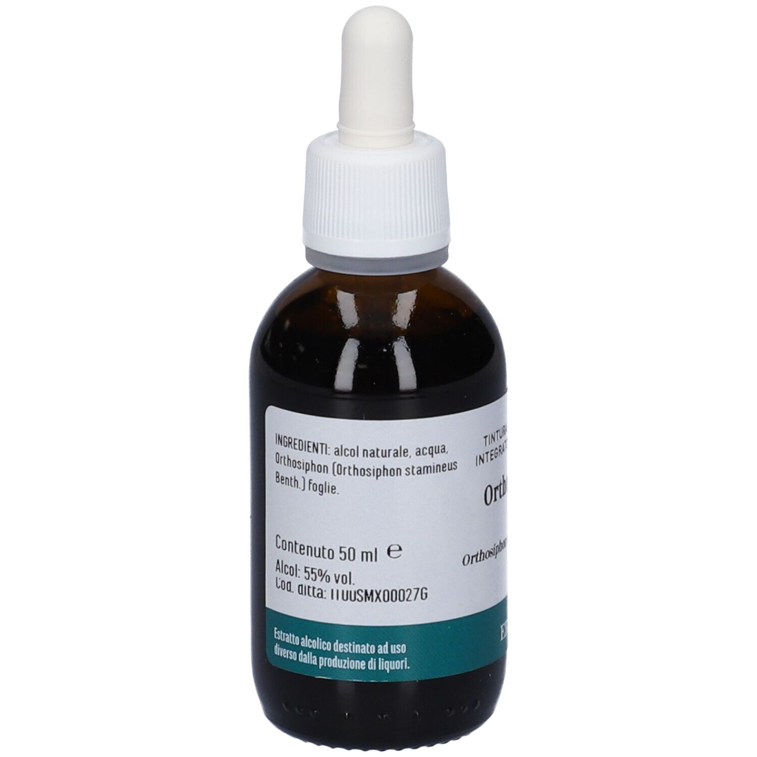 Flacone di vetro marrone con contagocce bianco. Etichetta con ingredienti e altre informazioni. Flacone in piedi.