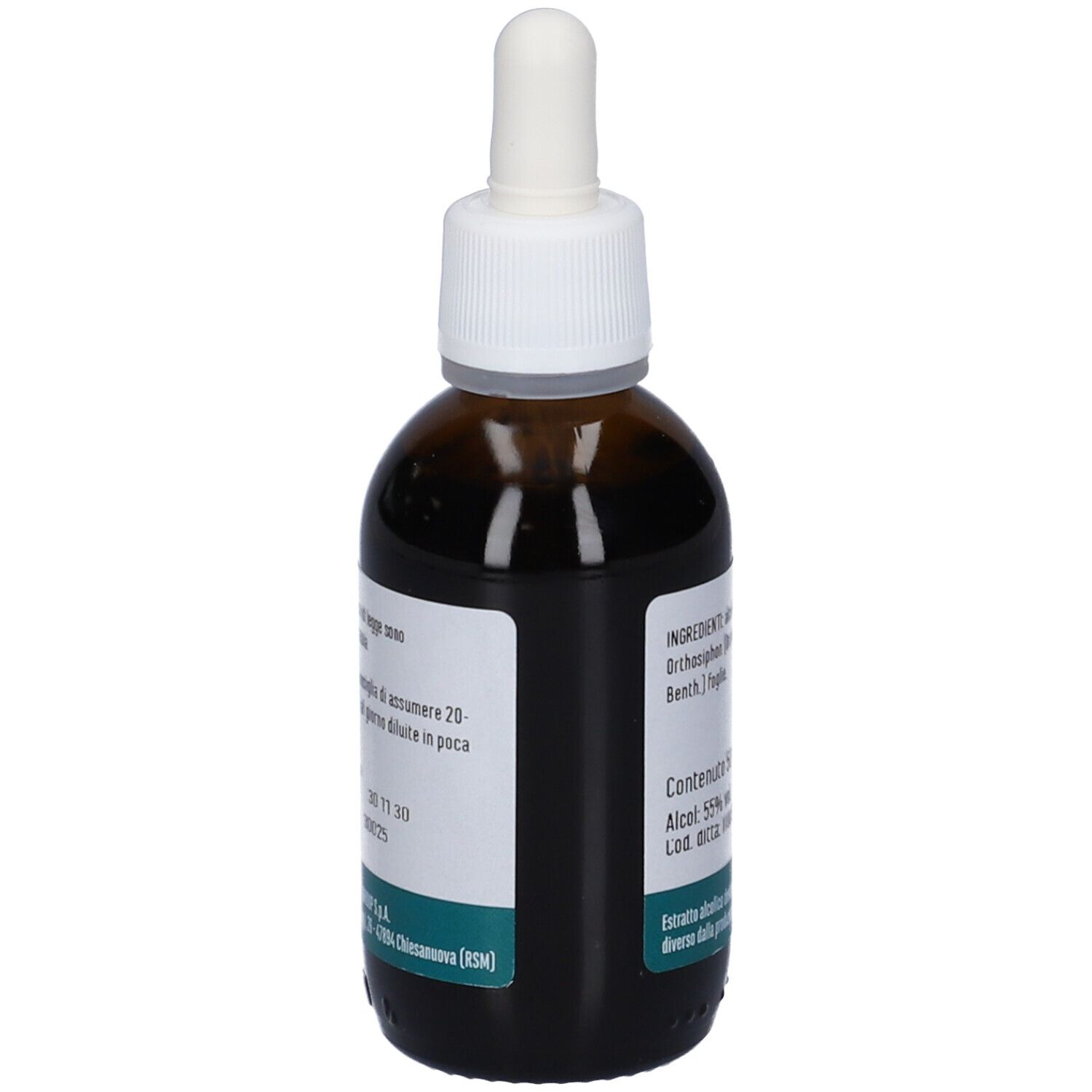 Flacone di vetro marrone con contagocce bianco. Etichetta con informazioni. Flacone in piedi. Vista posteriore.