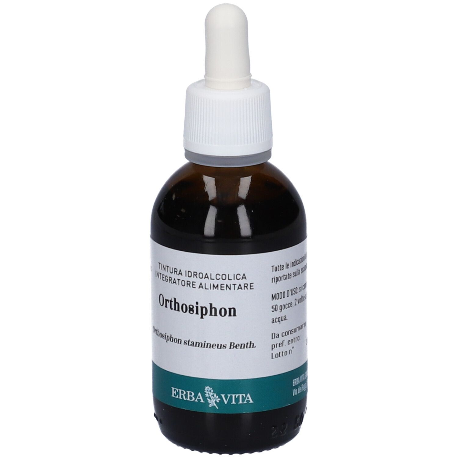 Flacone di vetro marrone con contagocce bianco. Etichetta con nome del prodotto e logo. Flacone in piedi.