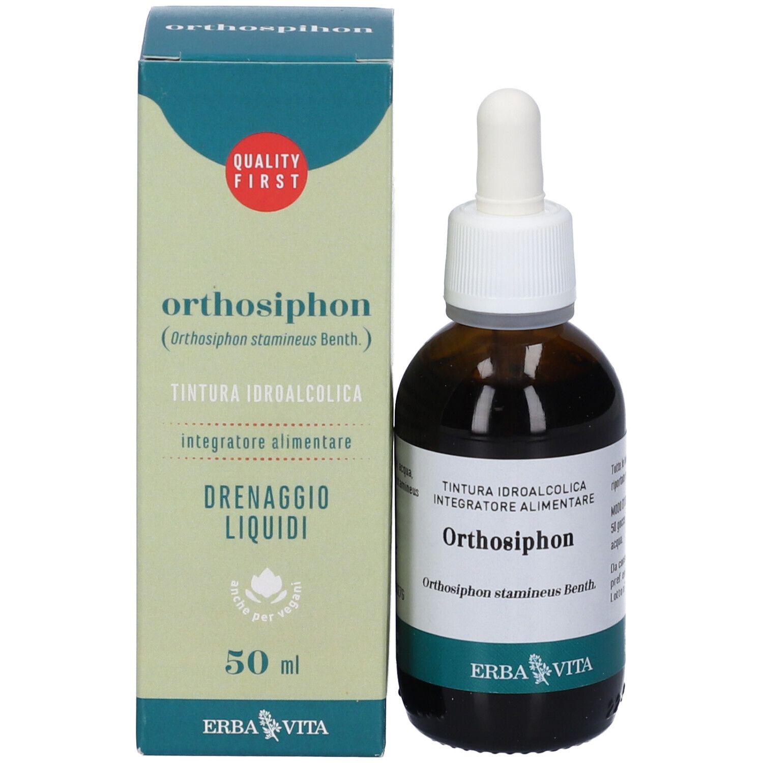 Flacone di vetro marrone con contagocce bianco e scatola. Scatola con nome del prodotto e logo. Flacone e scatola in piedi.