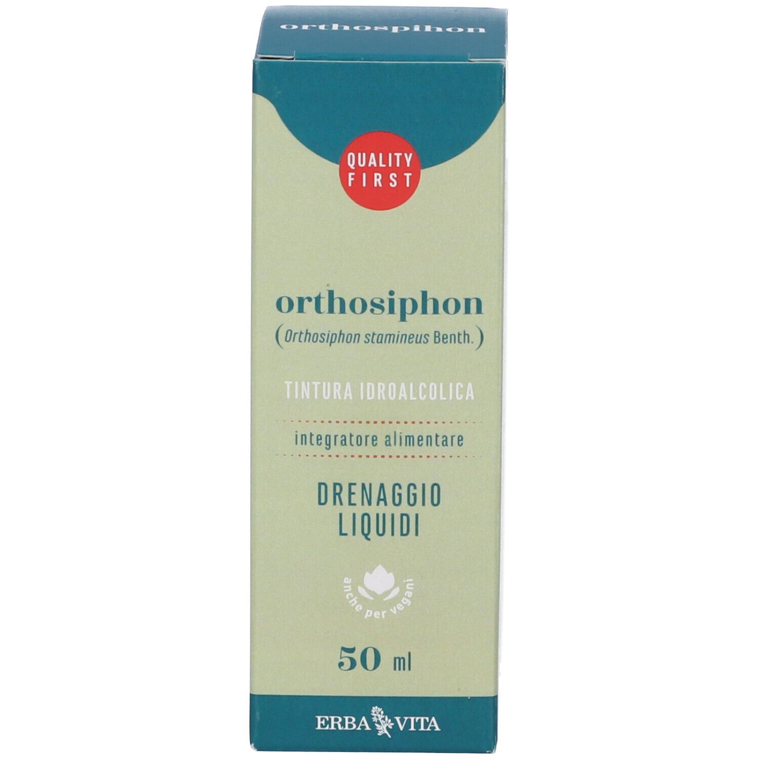 Scatola con nome del prodotto e logo. Design verde e bianco. Marchio di qualità. Vista in piedi.