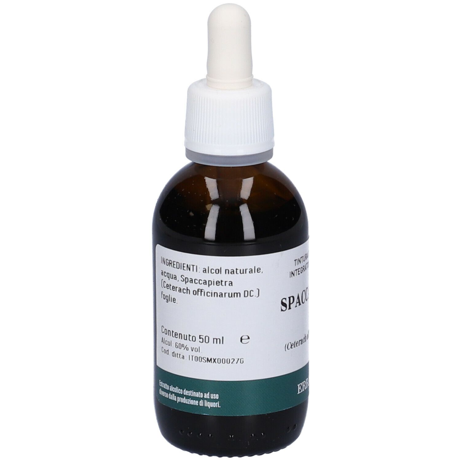 Flacone in vetro marrone con contagocce. Etichetta con ingredienti, Spaccapietra, 50 ml, alcool 50% vol.