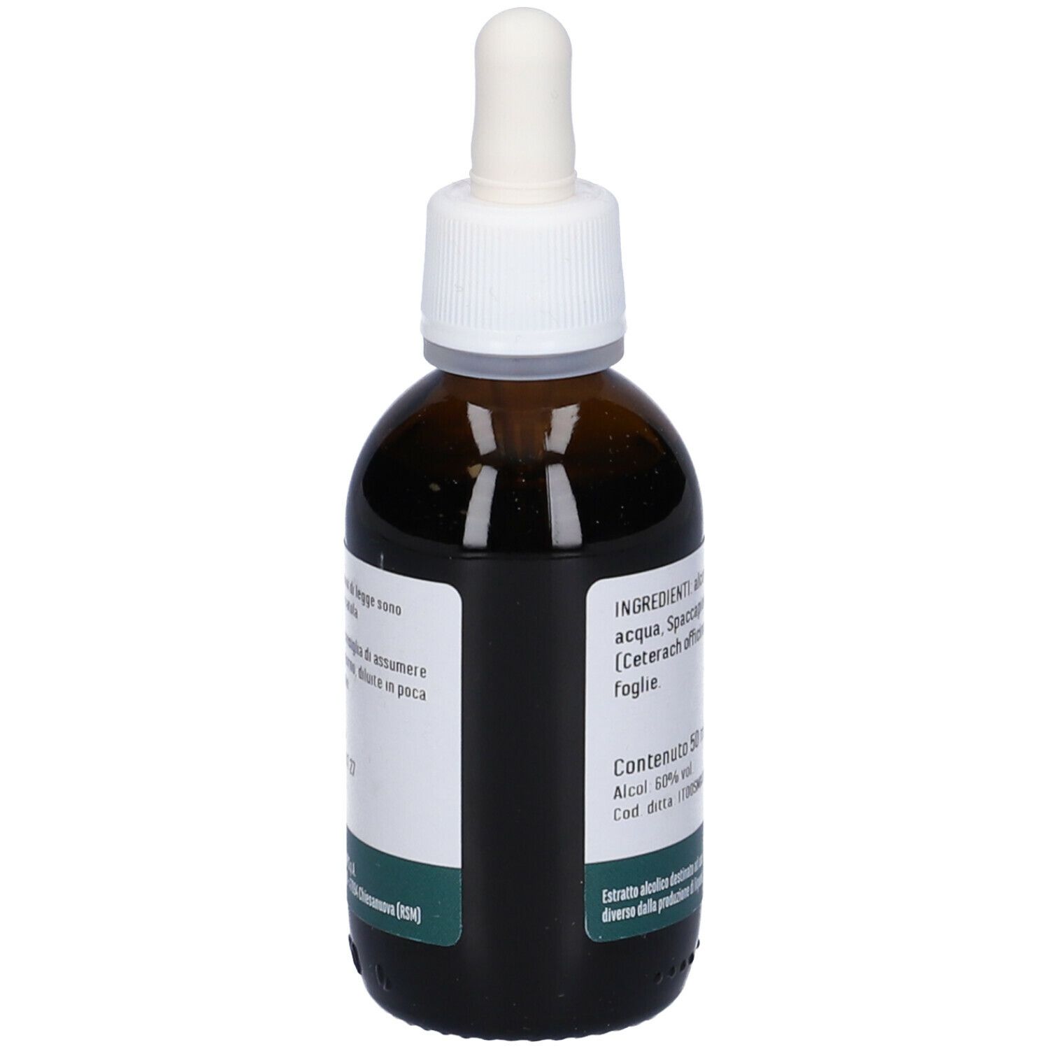 Flacone in vetro marrone con contagocce. Etichetta con ingredienti, Spaccapietra, 50 ml, alcool 50% vol.