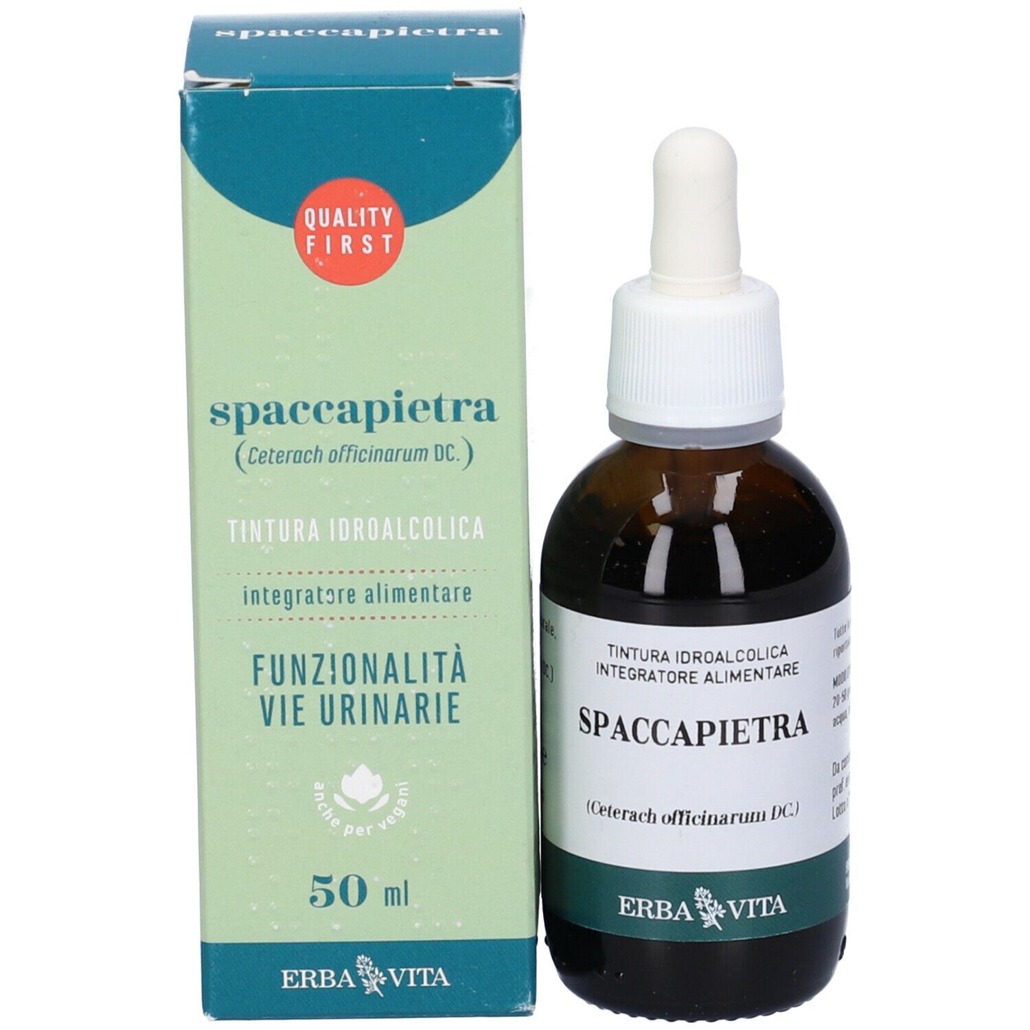 Confezione del prodotto e flacone con contagocce. Confezione: Spaccapietra, 50 ml, Funzionalità vie urinarie.