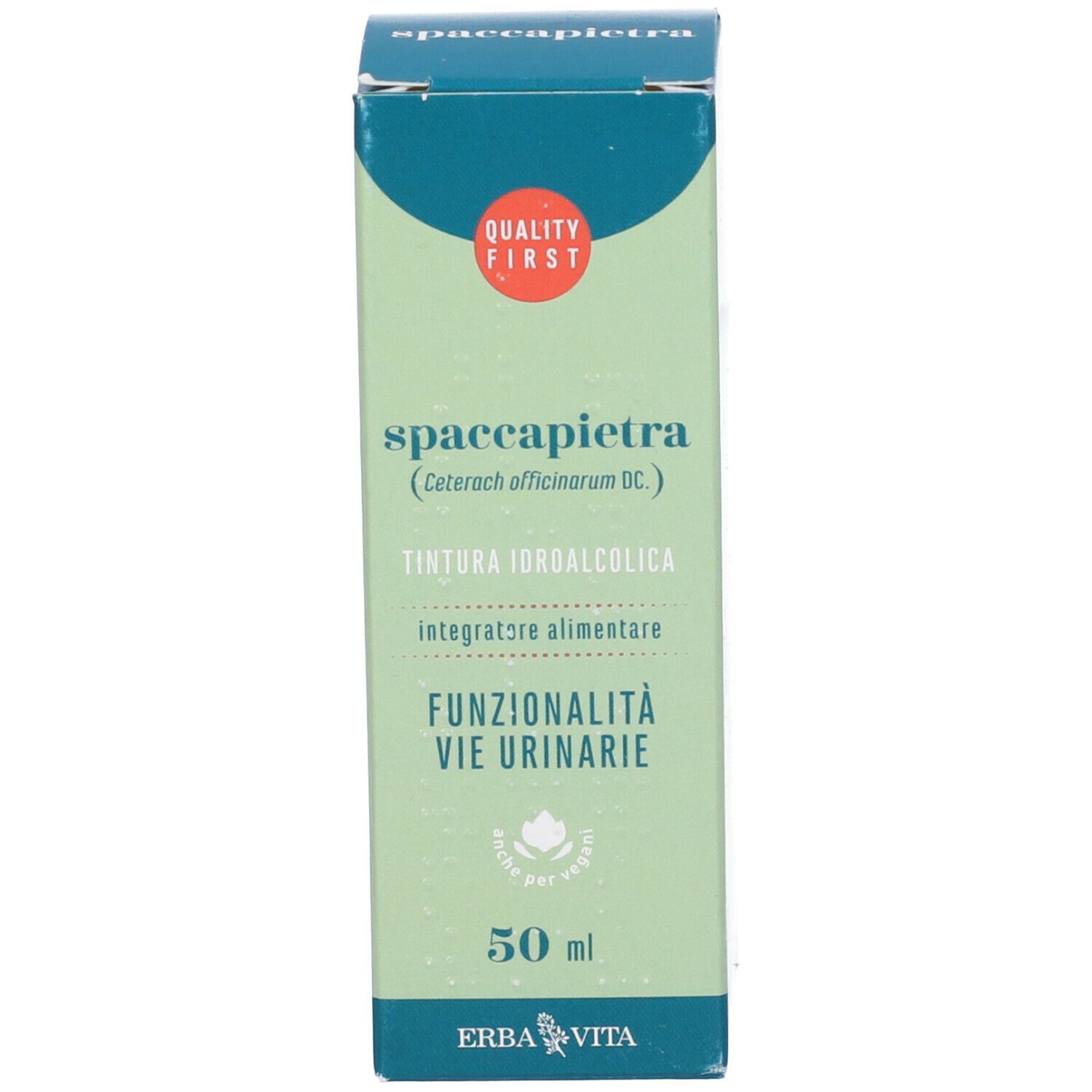 Confezione del prodotto. Testo: Spaccapietra, 50 ml, Funzionalità vie urinarie, logo Erba Vita.