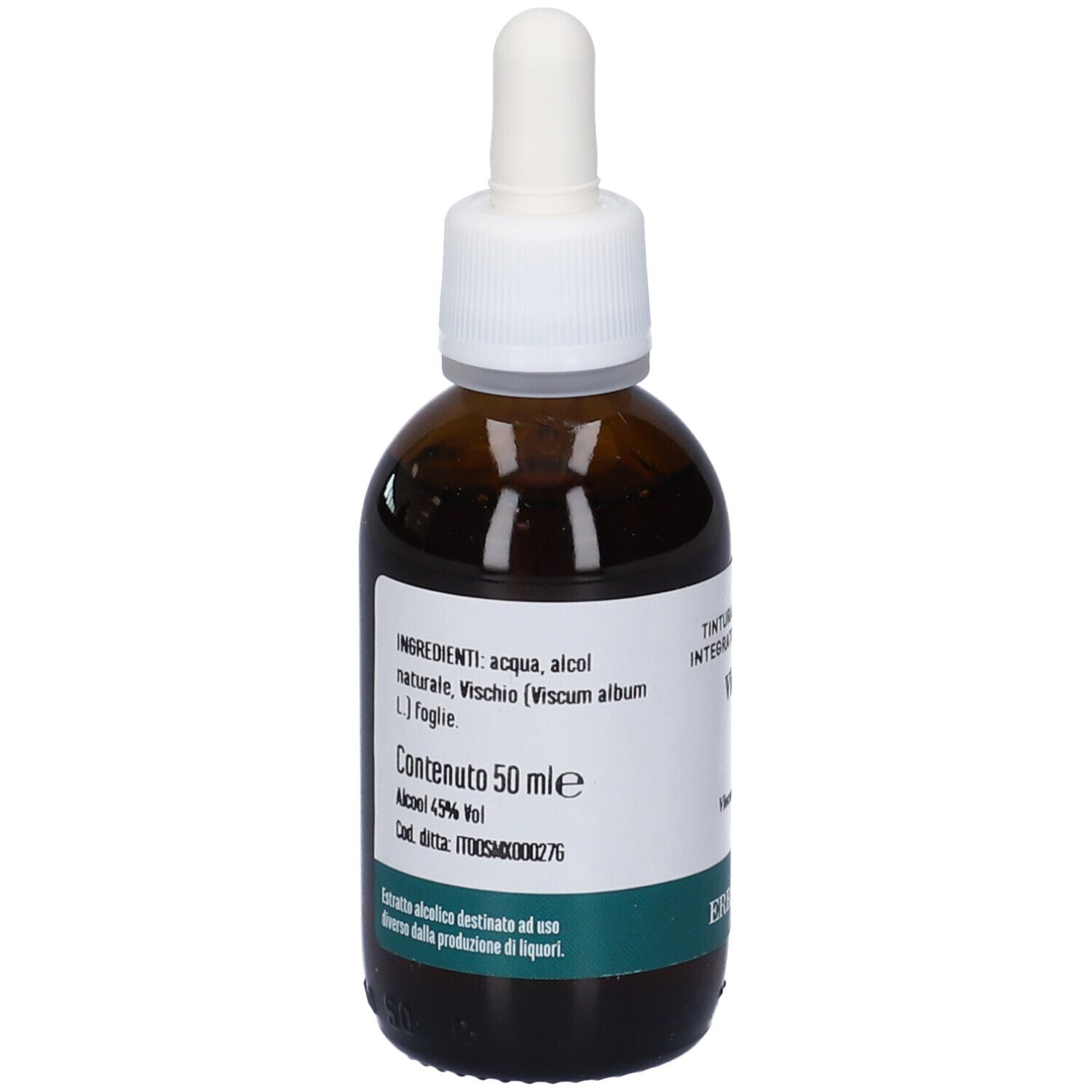 Flacone di vetro marrone con tappo bianco e contagocce. Etichetta con testo: VISCHIO, Viscum album L. Marchio: ERBA VITA. Etichetta verde e bianca.