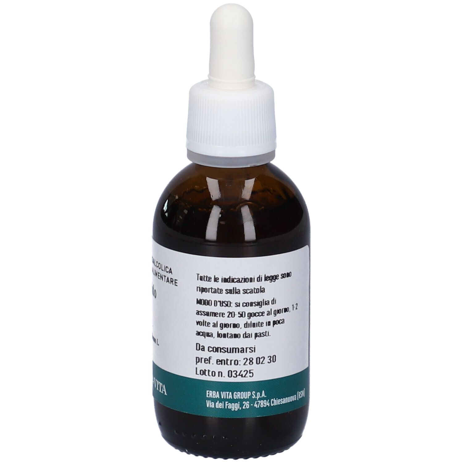 Flacone di vetro marrone con tappo bianco e contagocce. Etichetta con testo: VISCHIO, Viscum album L. Marchio: ERBA VITA. Etichetta verde e bianca.