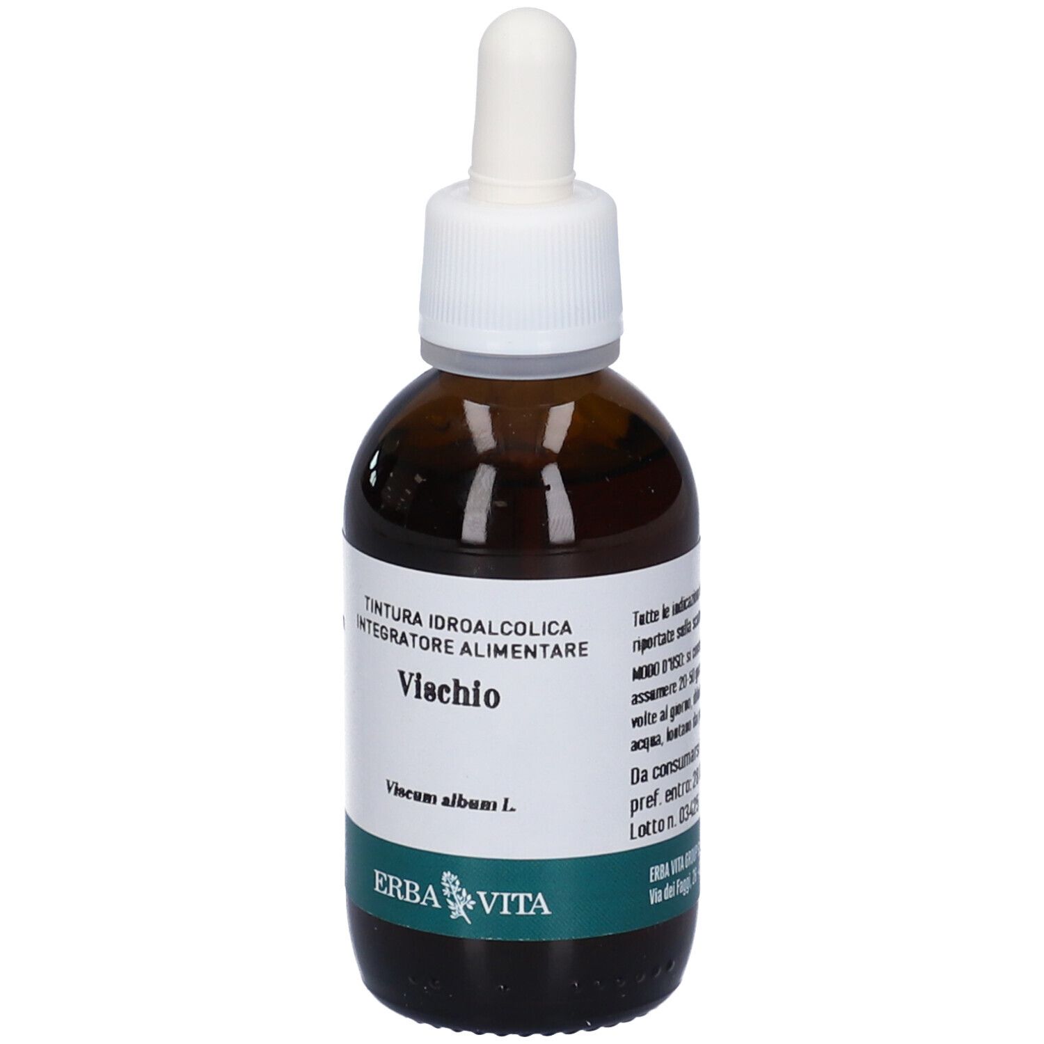 Flacone di vetro marrone con tappo bianco e contagocce. Etichetta con testo: VISCHIO, Viscum album L. Marchio: ERBA VITA. Etichetta verde e bianca.