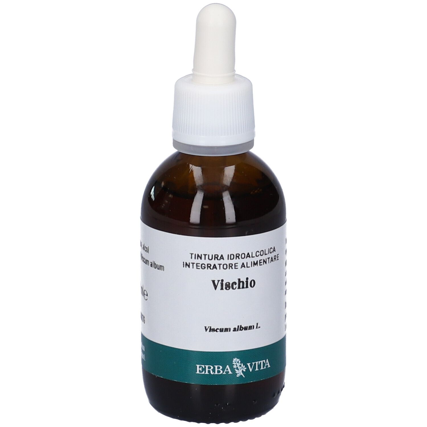 Flacone di vetro marrone con tappo bianco e contagocce. Etichetta con testo: VISCHIO, Viscum album L. Marchio: ERBA VITA. Etichetta verde e bianca.