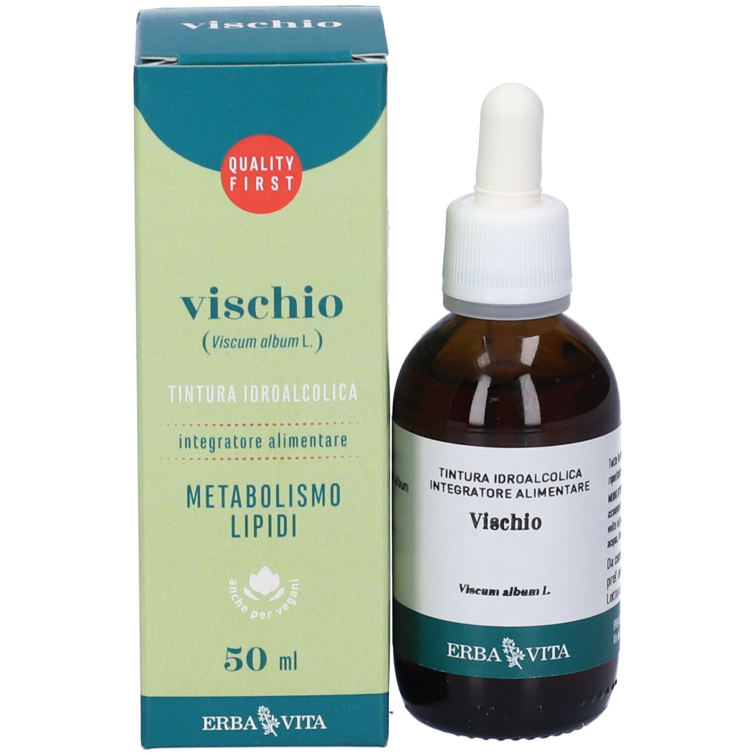 Confezione e flacone. Confezione con testo: VISCHIO, 50 ml. Flacone con contagocce. Marchio: ERBA VITA. Sigillo di qualità.