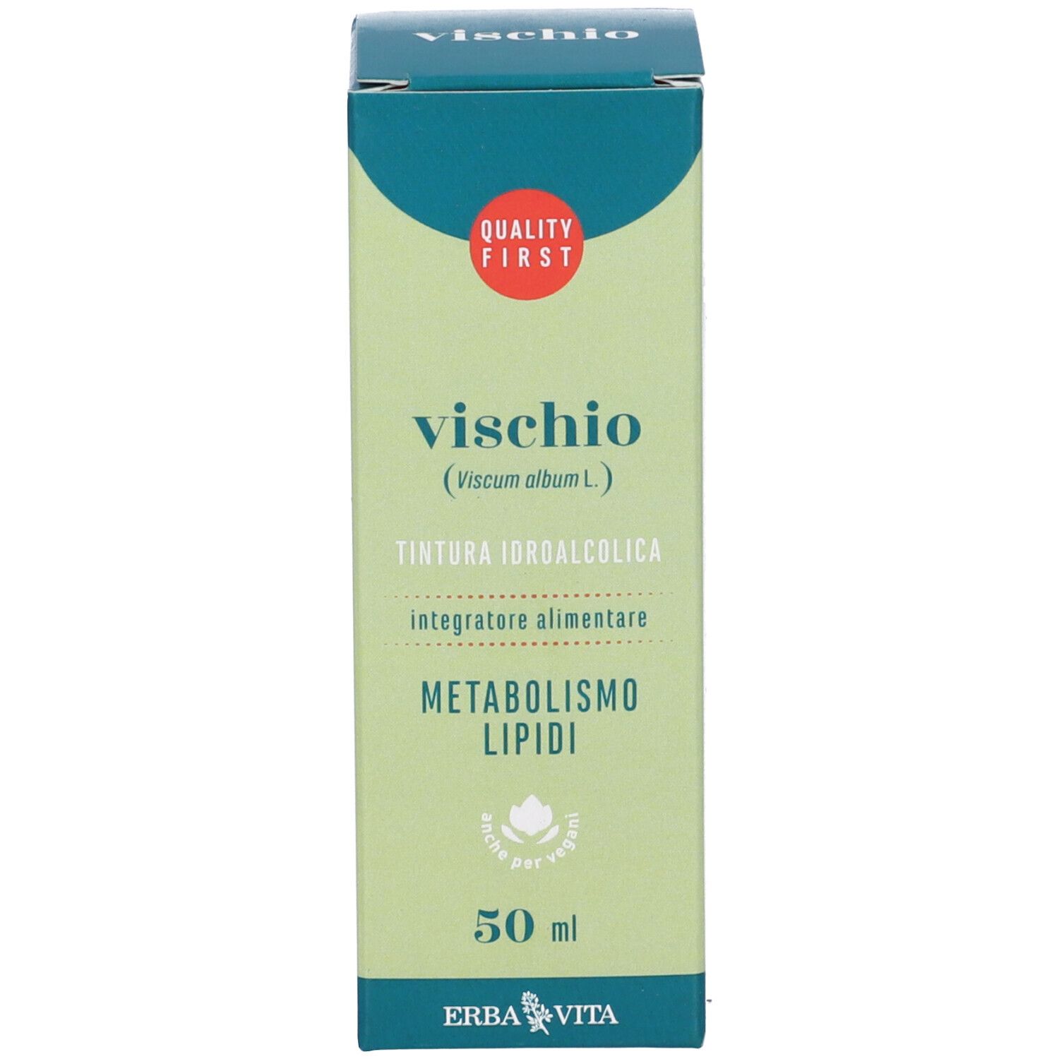 Confezione del prodotto. Testo: VISCHIO, 50 ml. Marchio: ERBA VITA. Sigillo di qualità. Confezione verde e bianca.