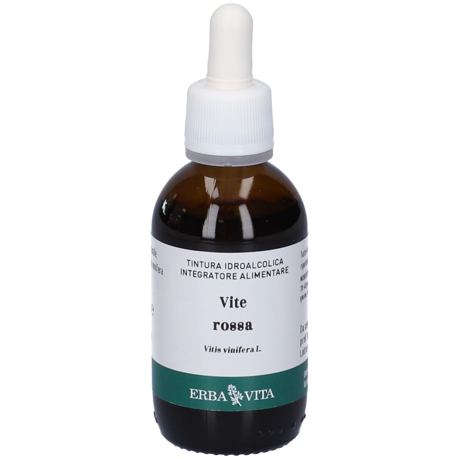 Flacone in vetro marrone con tappo bianco e pipetta. Etichetta con nome prodotto e logo. Testo: Vite Rossa, Erba Vita.