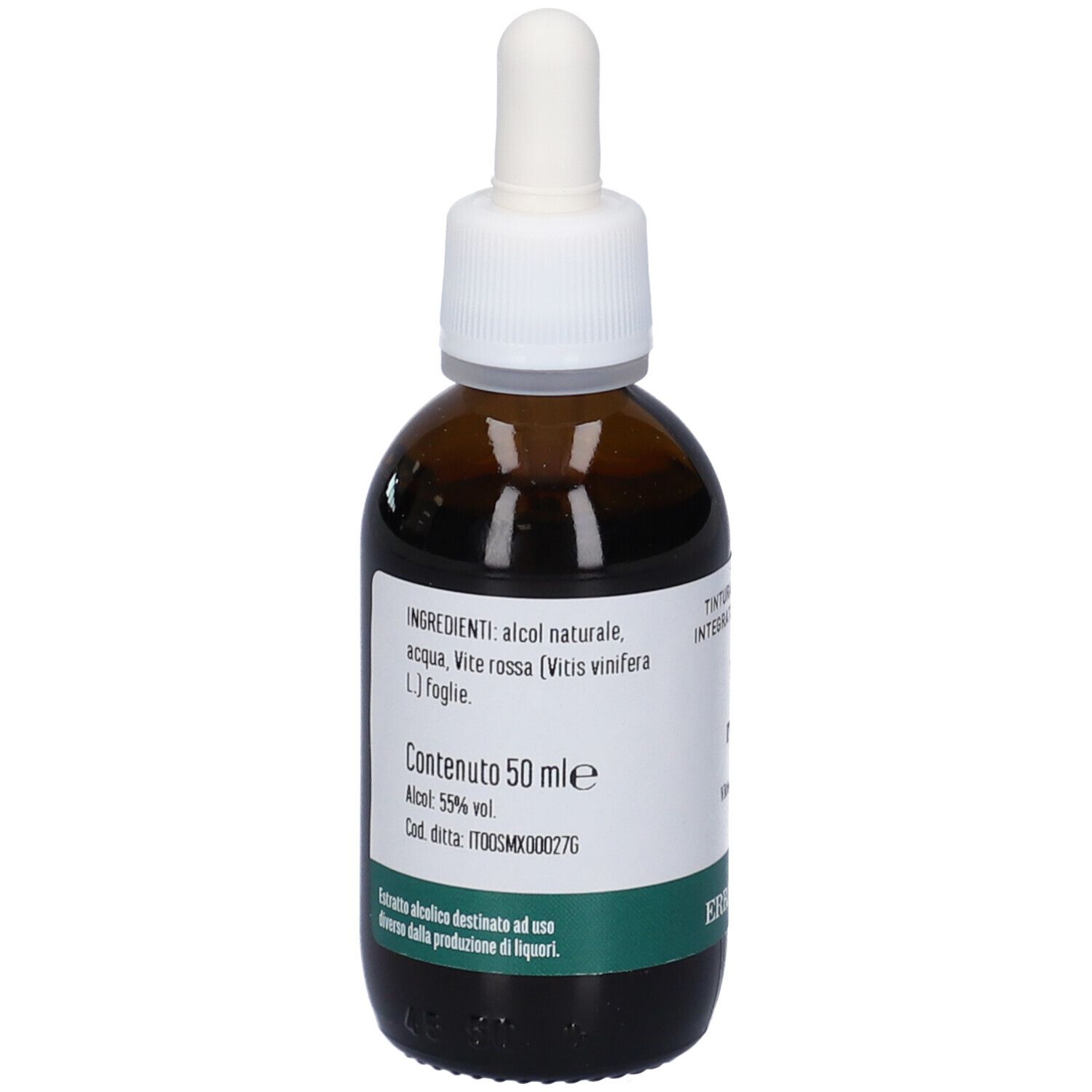 Flacone in vetro marrone con tappo bianco e pipetta. Etichetta con ingredienti e nome prodotto. Testo: Vite Rossa, 50 ml.