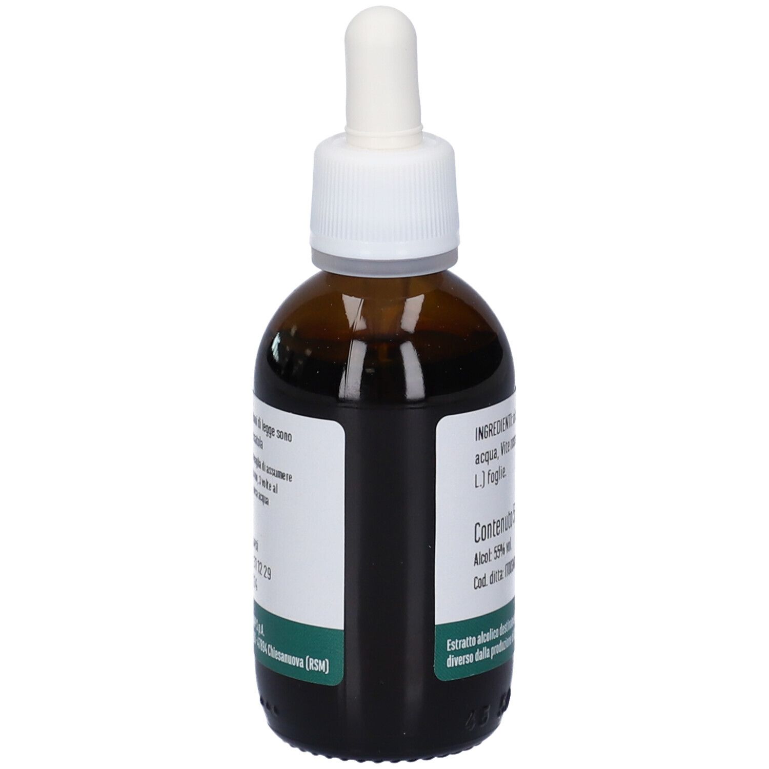 Flacone in vetro marrone con tappo bianco e pipetta. Etichetta con informazioni sul prodotto. Testo: Vite Rossa, Erba Vita.