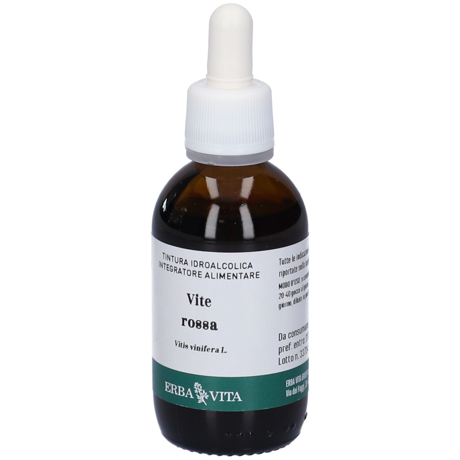 Flacone in vetro marrone con tappo bianco e pipetta. Etichetta con informazioni sul prodotto. Testo: Vite Rossa, Erba Vita.