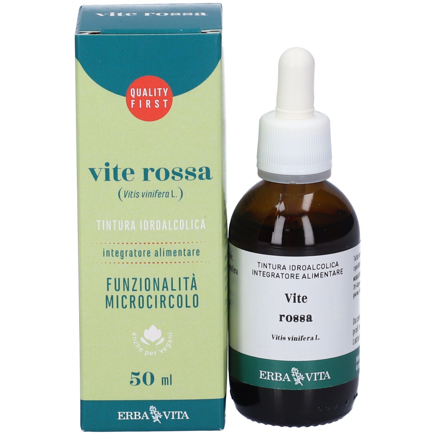 Flacone in vetro marrone con tappo bianco e pipetta accanto a una scatola verde. Testo: Vite Rossa, 50 ml, Erba Vita.