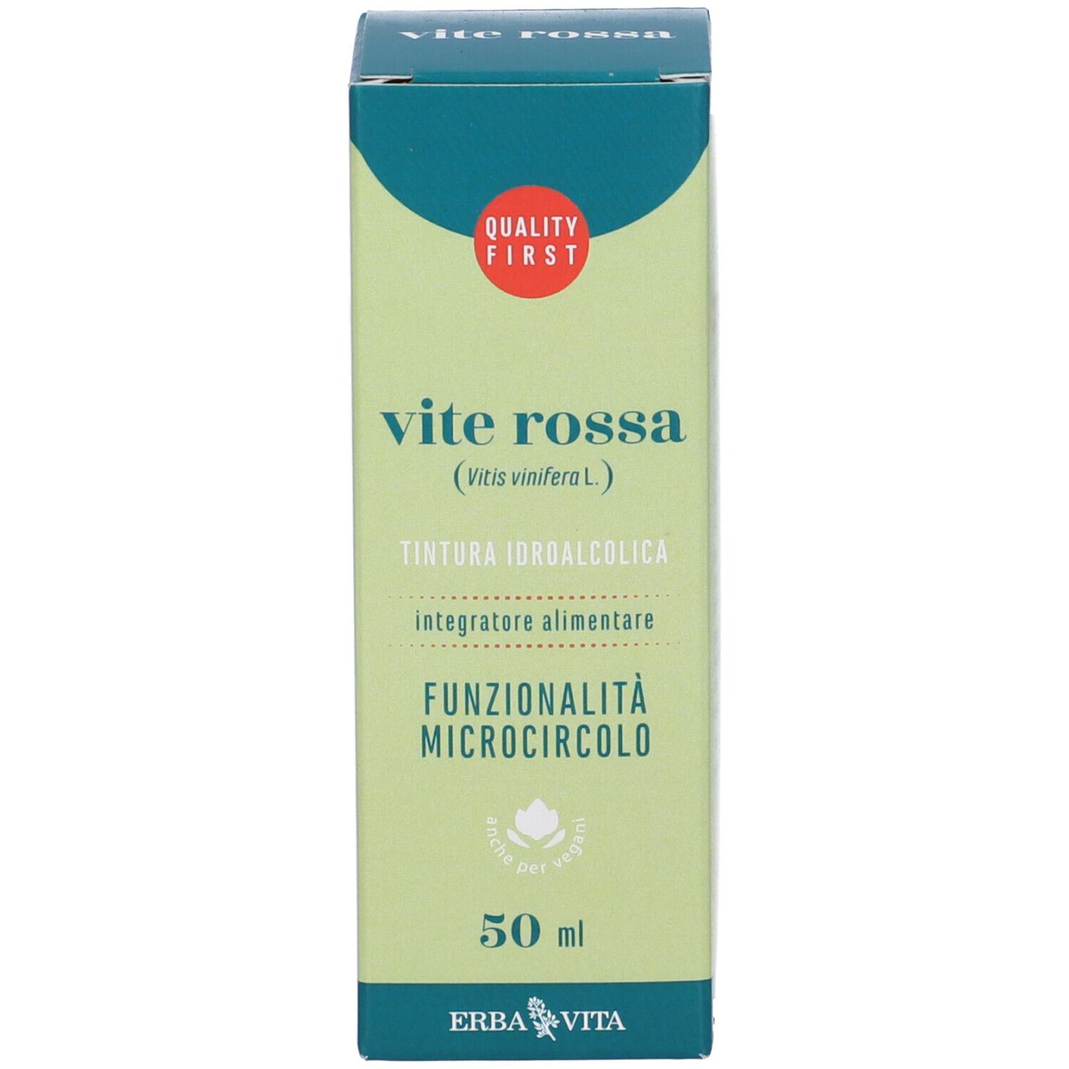 Scatola verde con nome prodotto e logo. Testo: Vite Rossa, 50 ml, Erba Vita. Marchio di qualità.