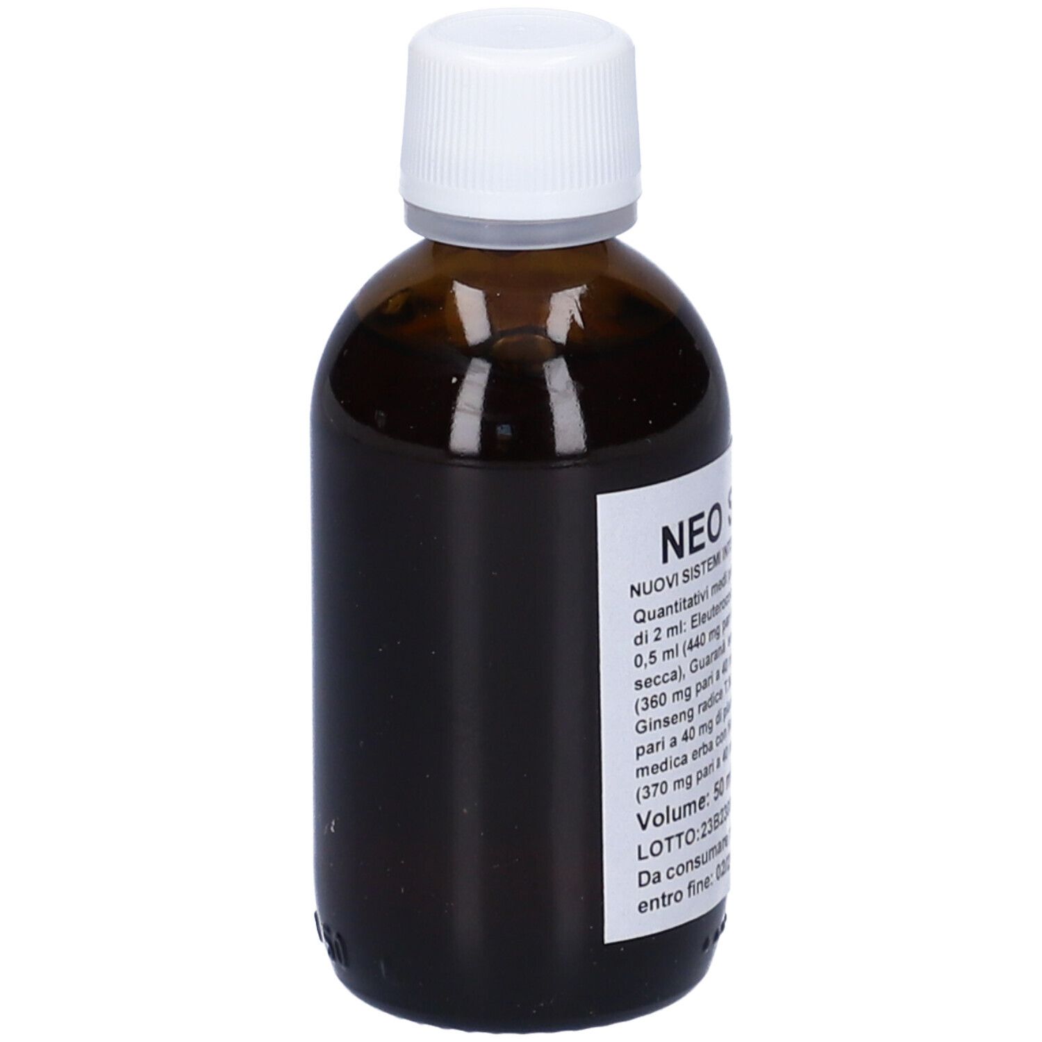 Flacone di vetro marrone con tappo bianco. Etichetta con informazioni sul prodotto. Scritta: Neo Sif 21.