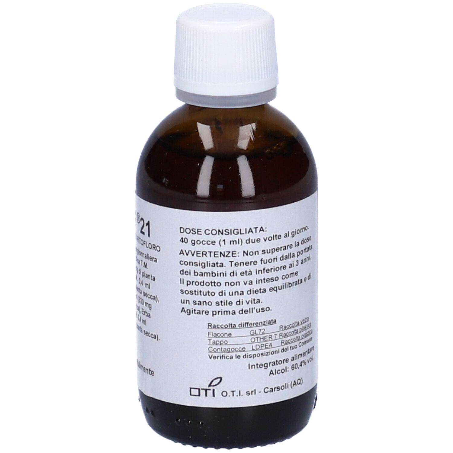 Flacone di vetro marrone con tappo bianco. Etichetta con informazioni sul prodotto. Scritta: Neo Sif 21.