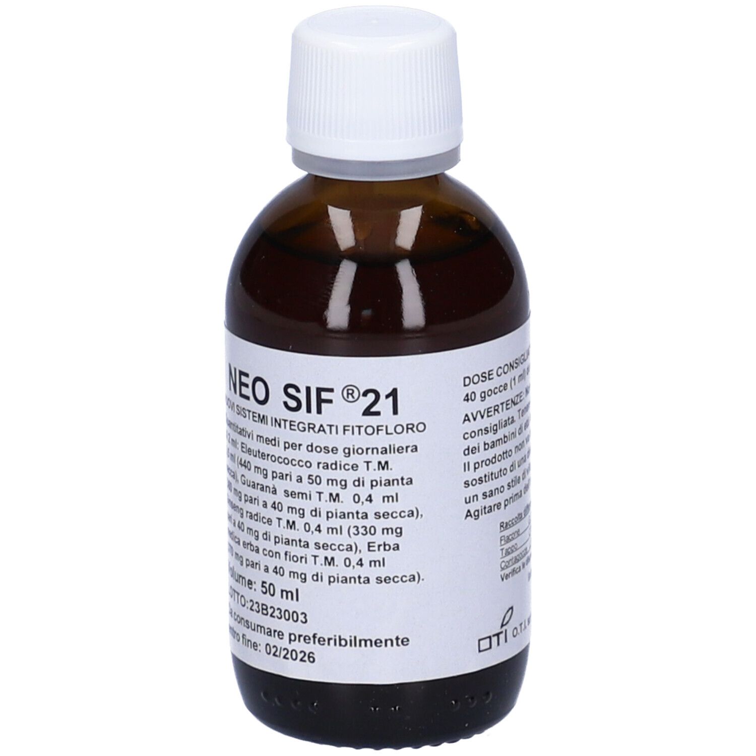 Flacone di vetro marrone con tappo bianco. Etichetta con informazioni sul prodotto. Scritta: Neo Sif 21.