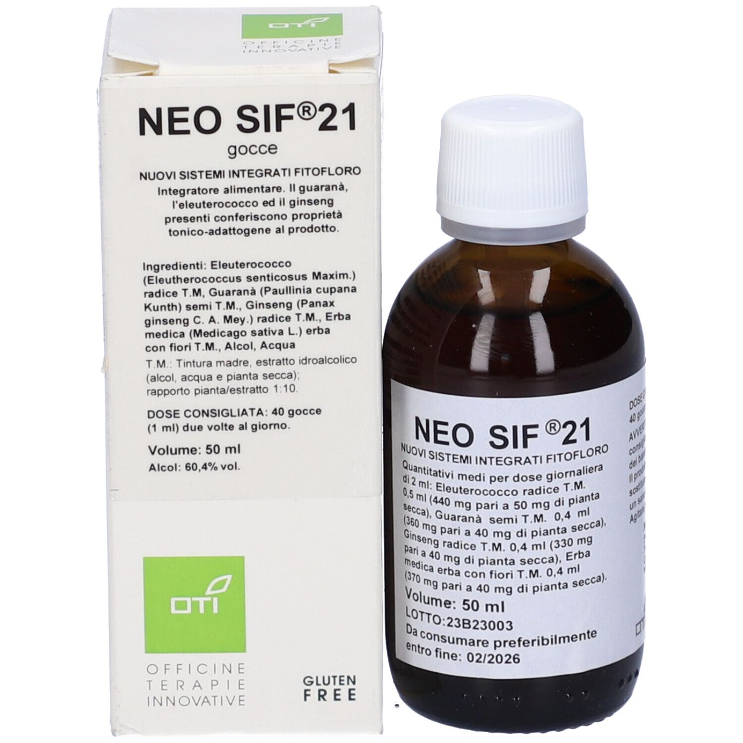 Flacone e confezione del prodotto. Scritta: Neo Sif 21. Confezione con informazioni e logo.