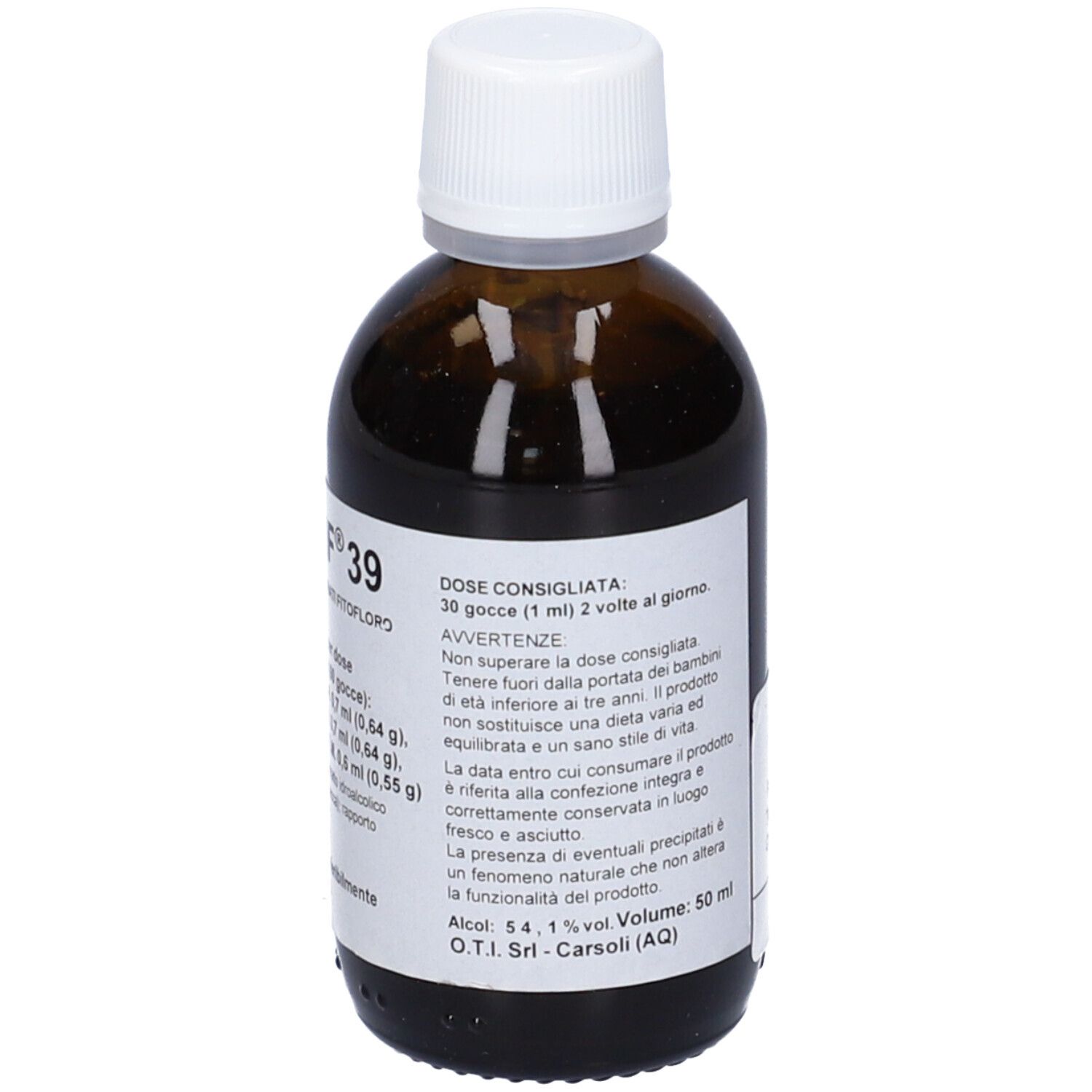 Flacone di vetro marrone con tappo bianco. Etichetta con istruzioni per il dosaggio e avvertenze. Volume: 50 ml.