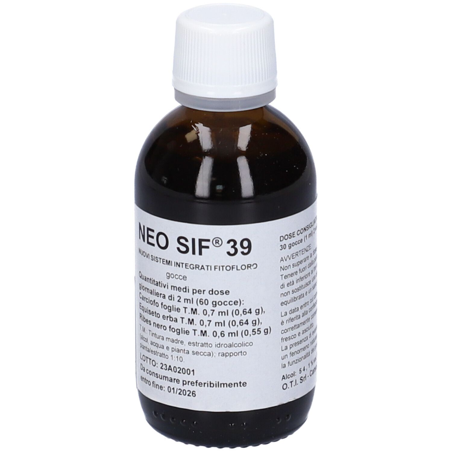 Flacone di vetro marrone con tappo bianco ed etichetta. Scritta: NEO SIF® 39. Etichetta con ingredienti e data di scadenza.