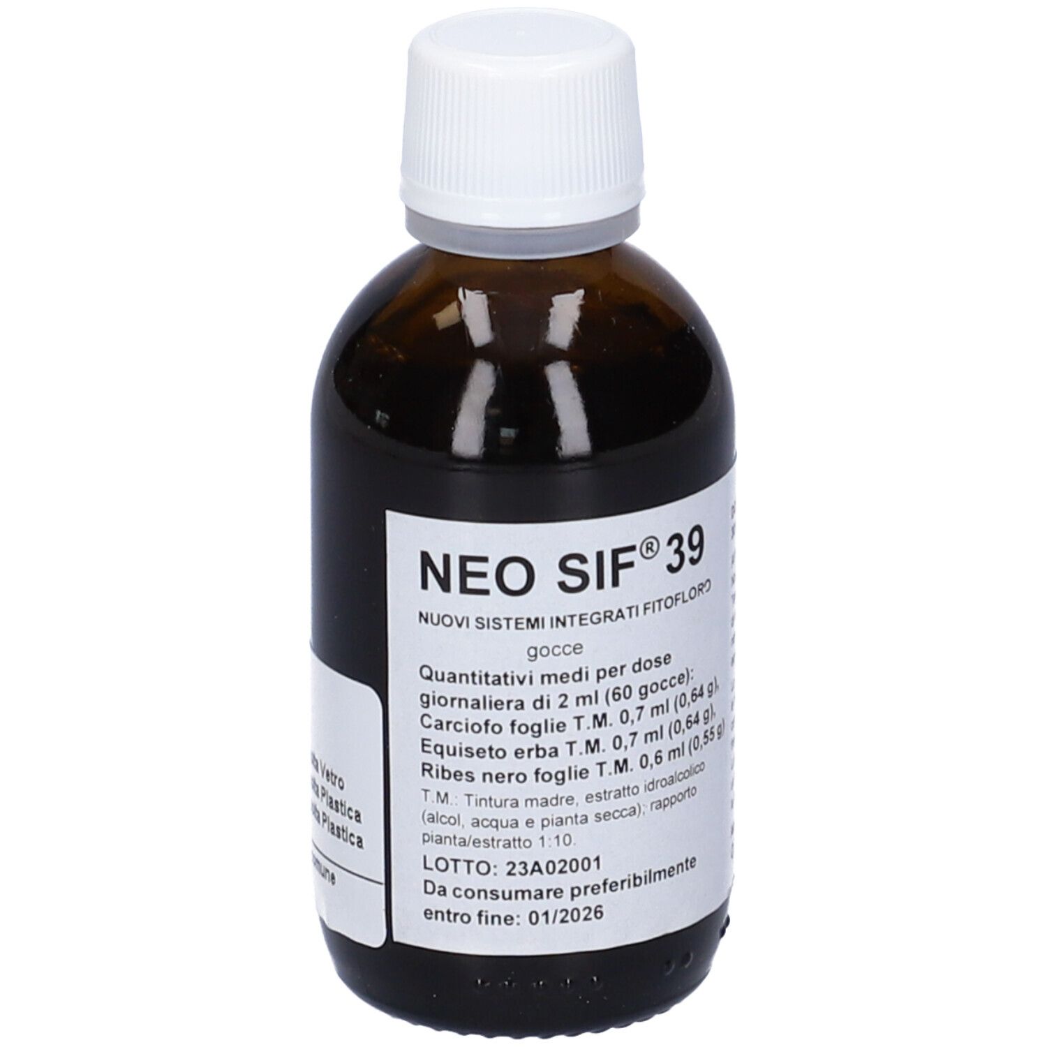 Flacone di vetro marrone con tappo bianco ed etichetta. Scritta: NEO SIF® 39. Etichetta con ingredienti e data di scadenza.