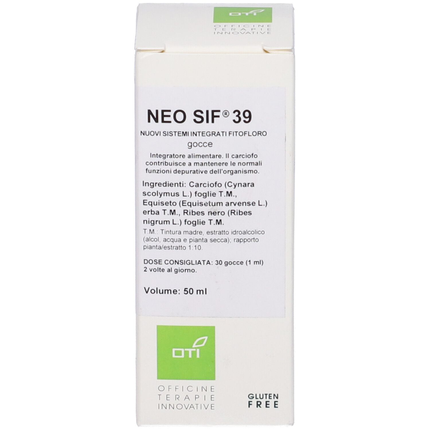Confezione del prodotto. Scritta: NEO SIF® 39. Confezione con ingredienti, dosaggio e logo senza glutine.