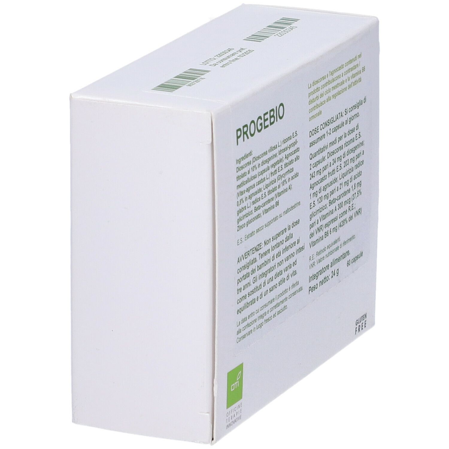 Scatola bianca, in diagonale. Scritto: PROGEBIO. Informazioni sul prodotto sul lato.