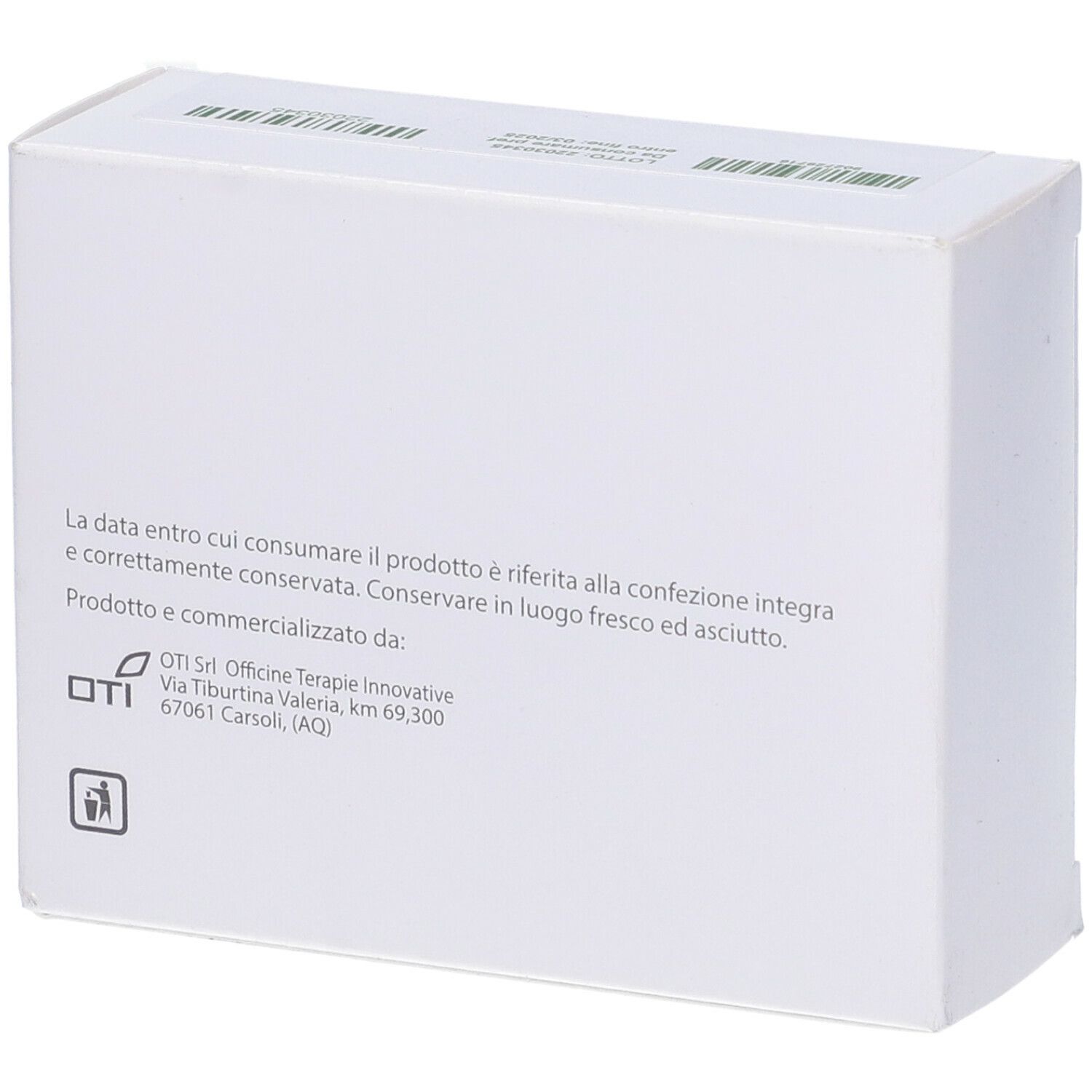 Scatola bianca. Retro con testo. Logo OTI. Logo senza glutine.
