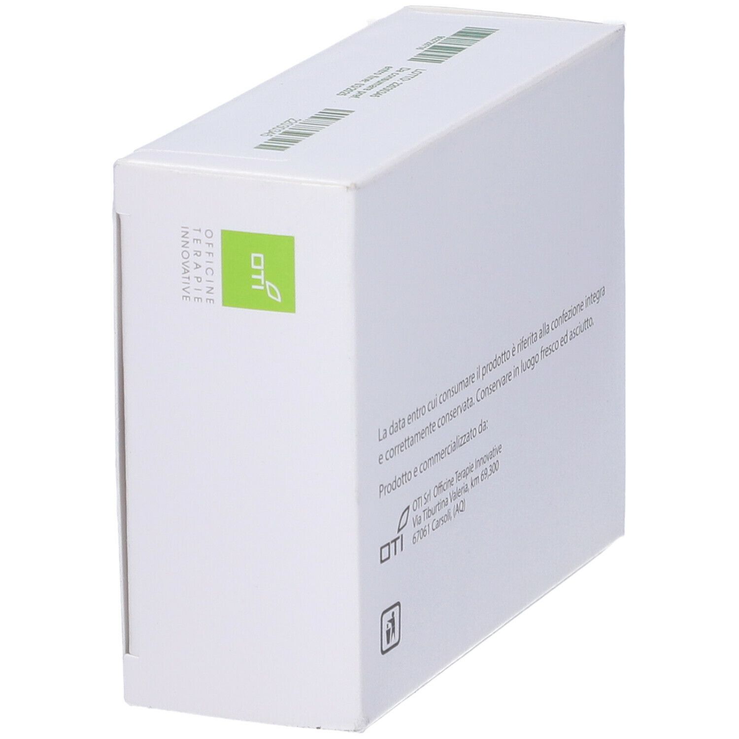 Scatola bianca, in diagonale. Logo OTI. Testo sul lato. Logo senza glutine.