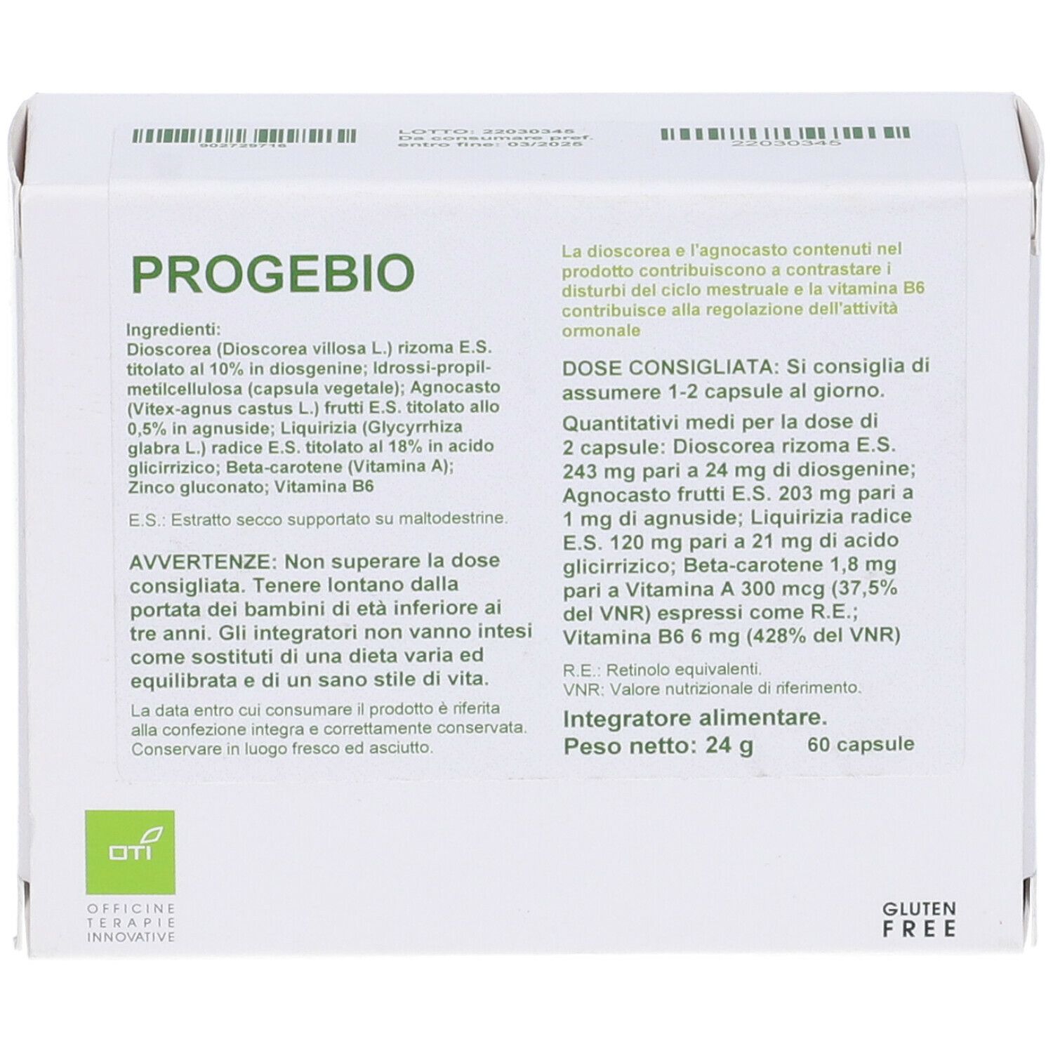 Scatola bianca con informazioni sul prodotto. Scritto: PROGEBIO. Contiene 60 capsule. Senza glutine.