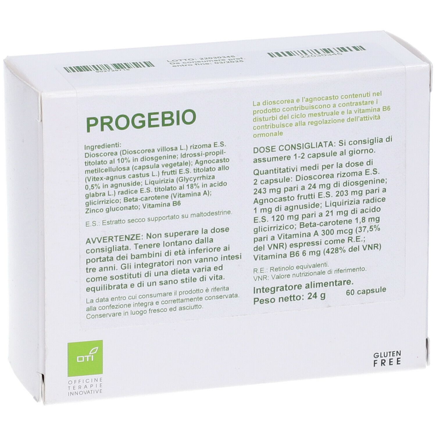 Scatola bianca con informazioni sul prodotto. Scritto: PROGEBIO. Contiene 60 capsule. Senza glutine.