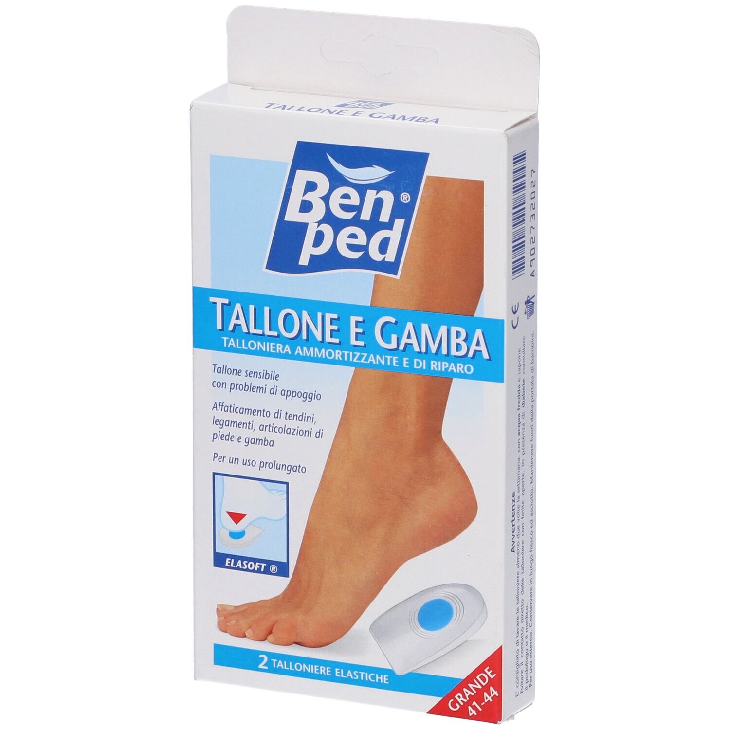 Confezione di due talloniere elastiche. Marchio Benped, testo: Tallone e Gamba, taglia 41-44.