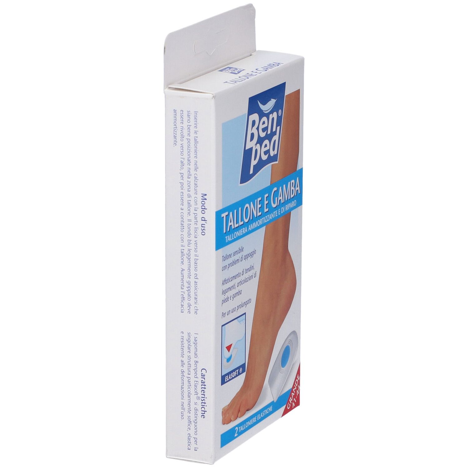 Confezione di due talloniere elastiche. Marchio Benped, testo: Tallone e Gamba, taglia 41-44.
